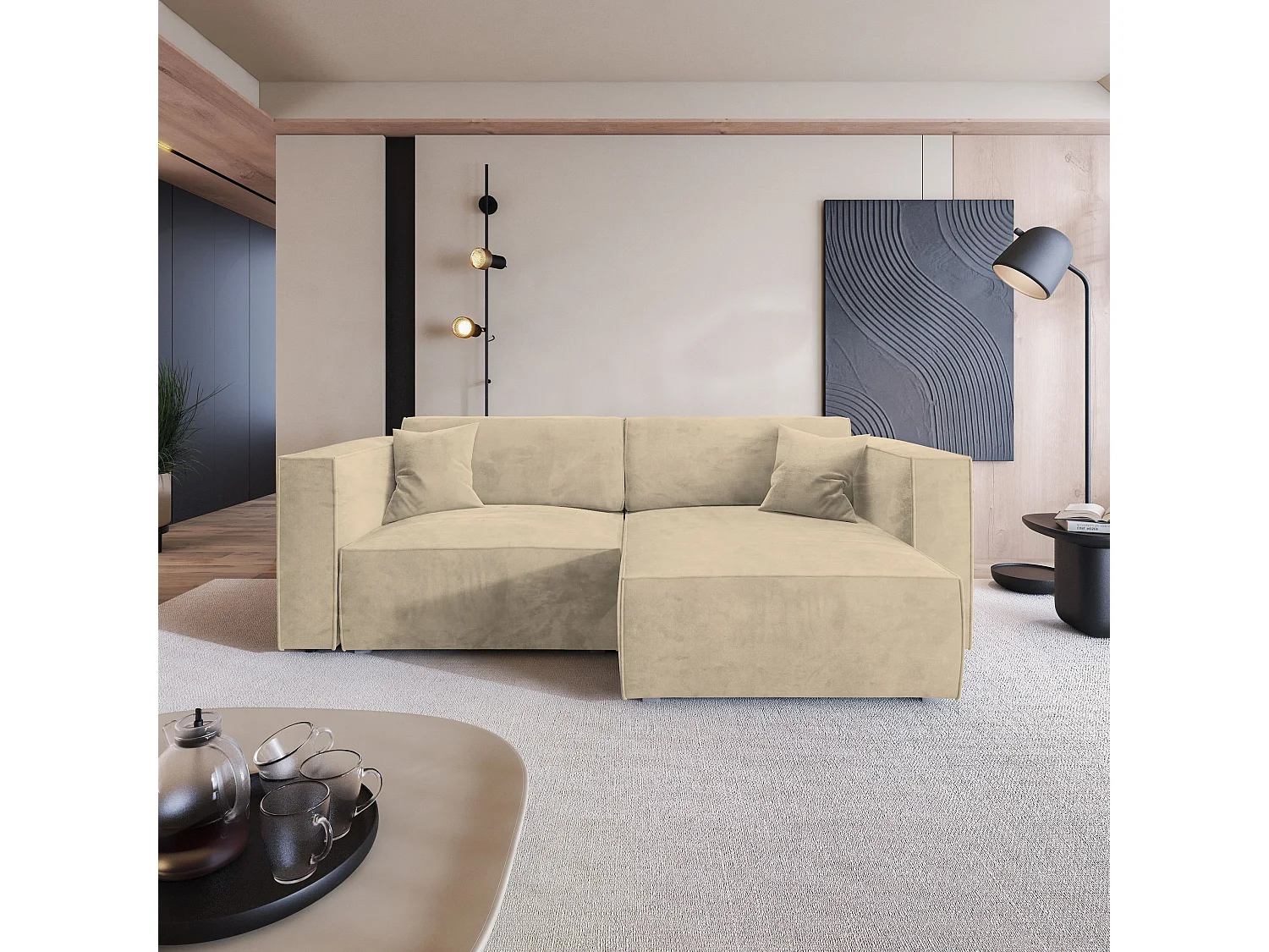 Canapé d'angle NERIO Crème en velours avec fonction de couchage