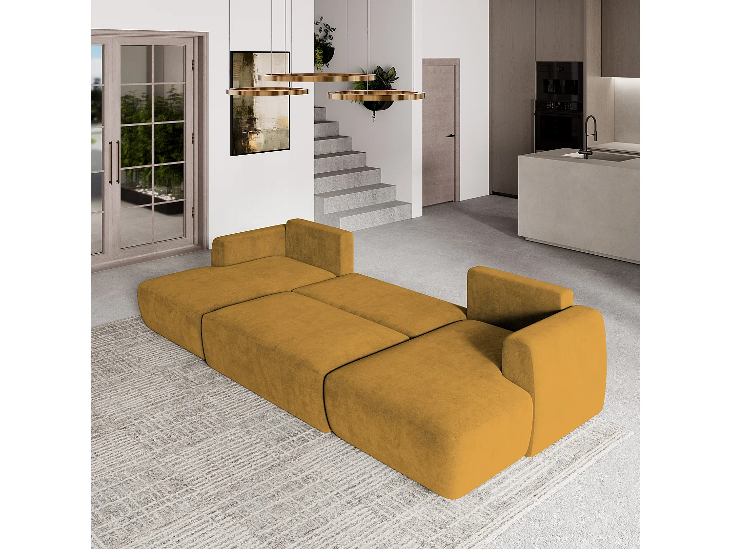 Canapé d'angle SENTUM Jaune en peluche avec fonction de couchage