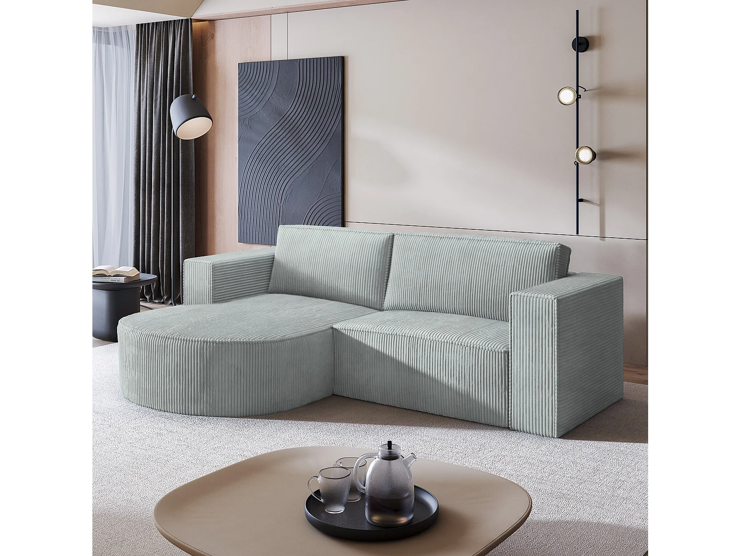 Canapé d'angle SORELA Gris clair en velours côtelé avec fonction de couchage