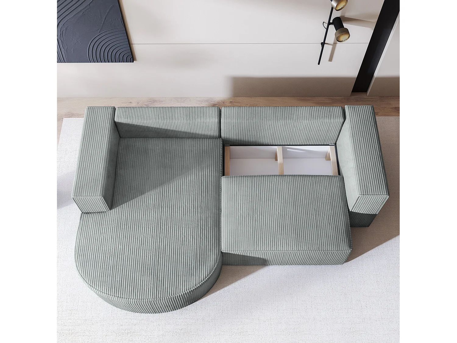 Canapé d'angle SORELA Gris clair en velours côtelé avec fonction de couchage