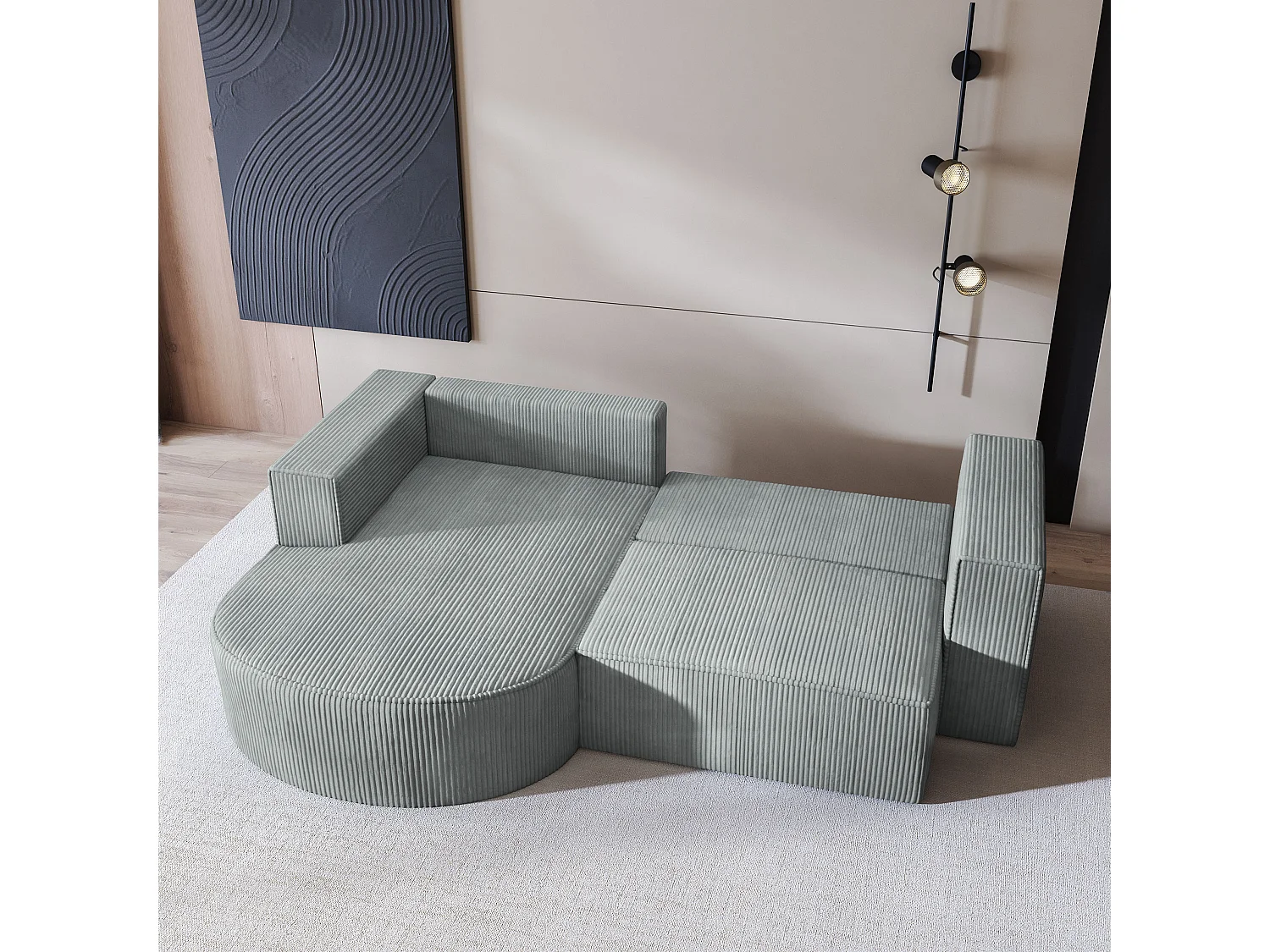 Canapé d'angle SORELA Gris clair en velours côtelé avec fonction de couchage