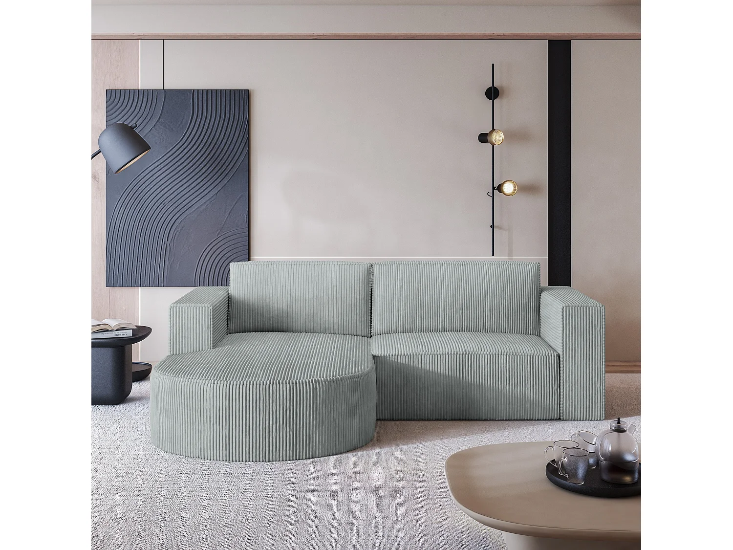 Canapé d'angle SORELA Gris clair en velours côtelé avec fonction de couchage