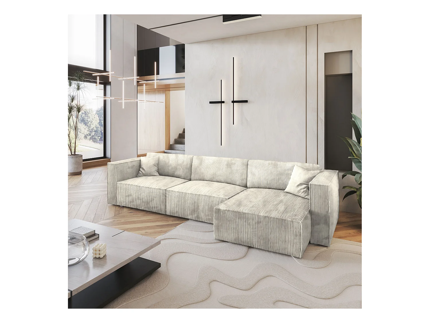 Canapé d'angle TOLMO Crème en velours côtelé avec fonction de couchage