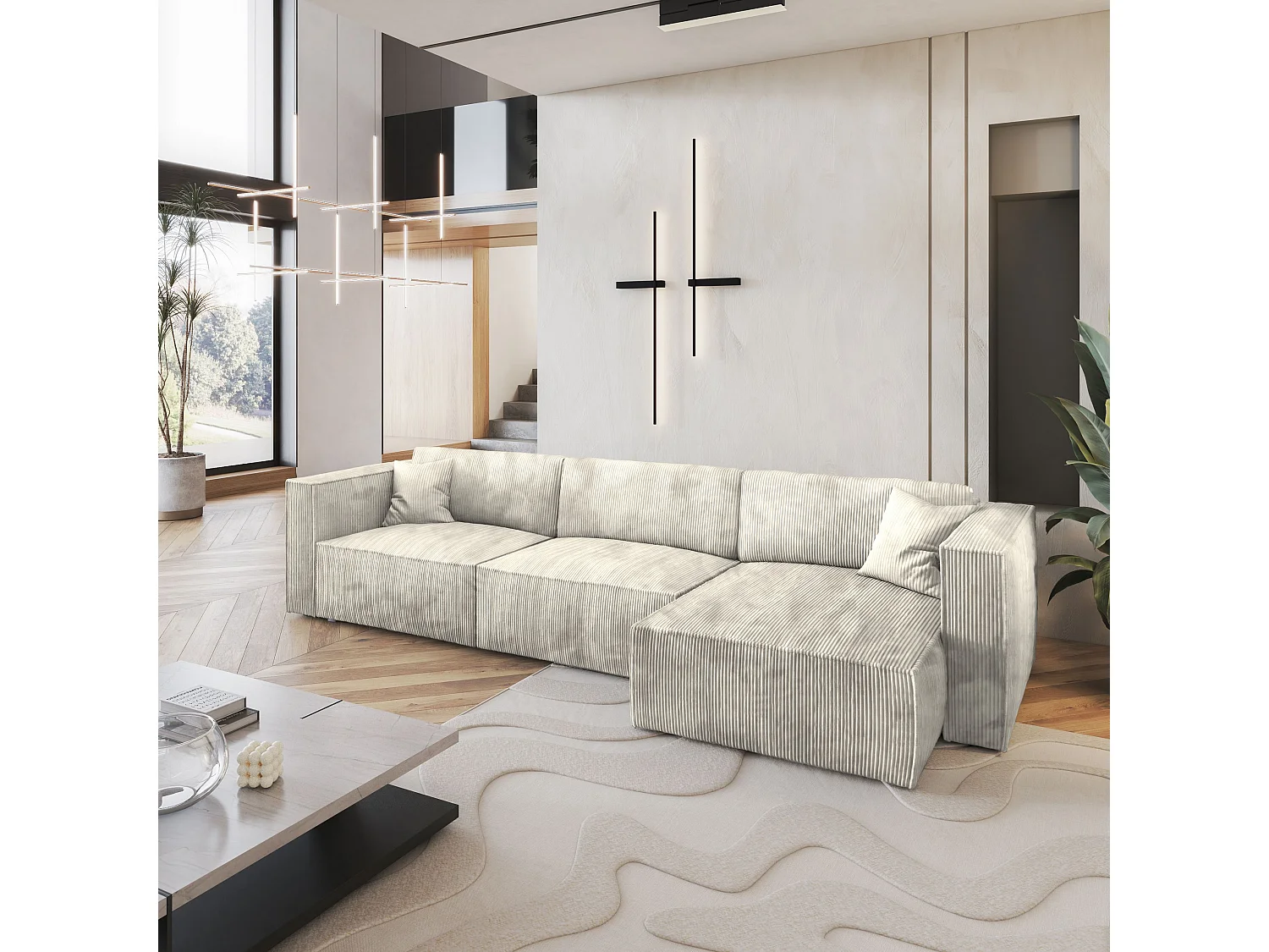 Canapé d'angle TOLMO Crème en velours côtelé avec fonction de couchage