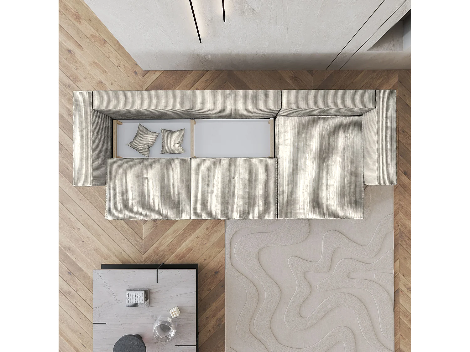 Canapé d'angle TOLMO Crème en velours côtelé avec fonction de couchage