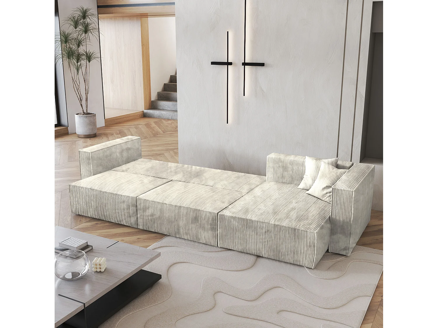 Canapé d'angle TOLMO Crème en velours côtelé avec fonction de couchage