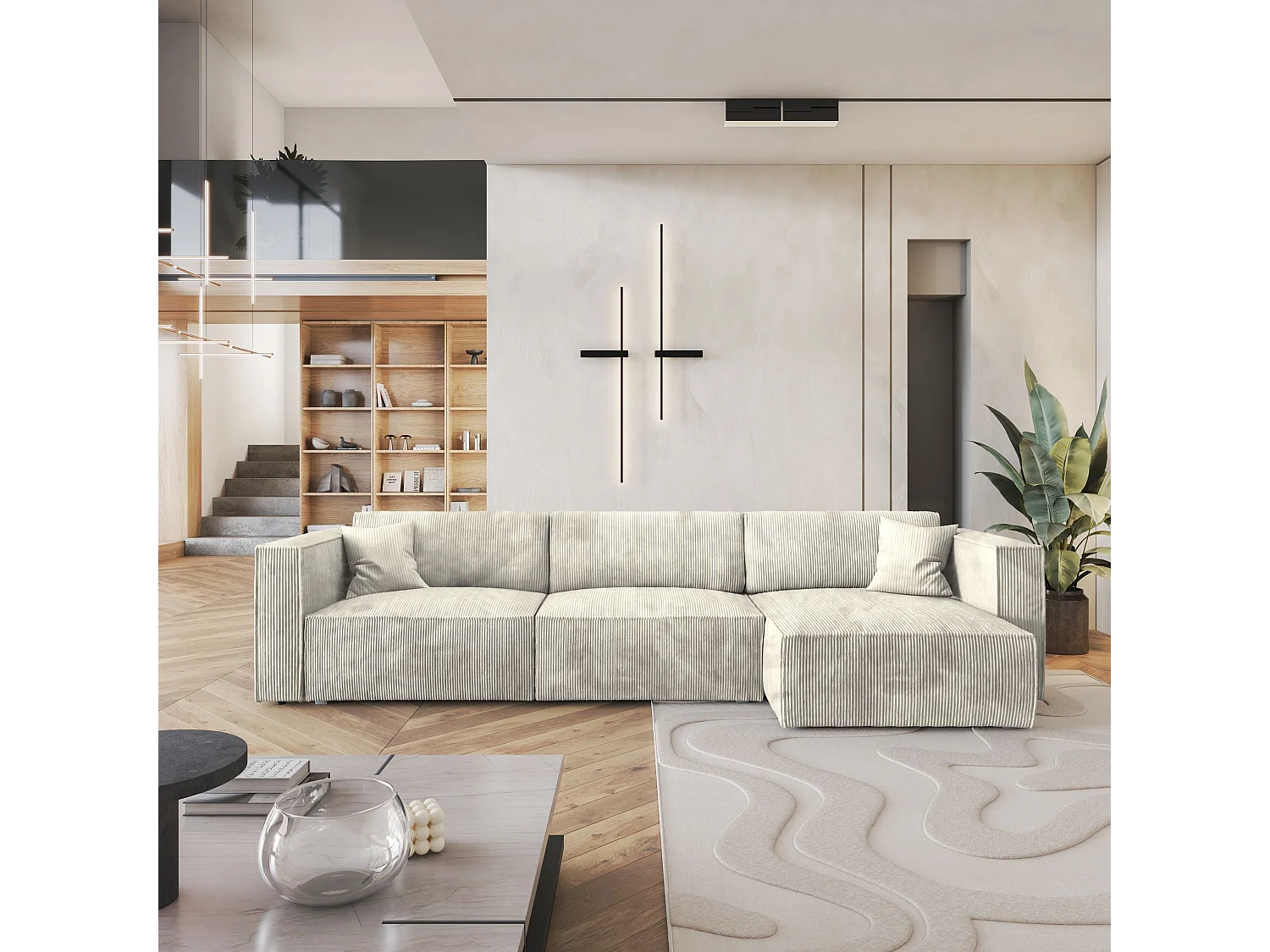 Canapé d'angle TOLMO Crème en velours côtelé avec fonction de couchage