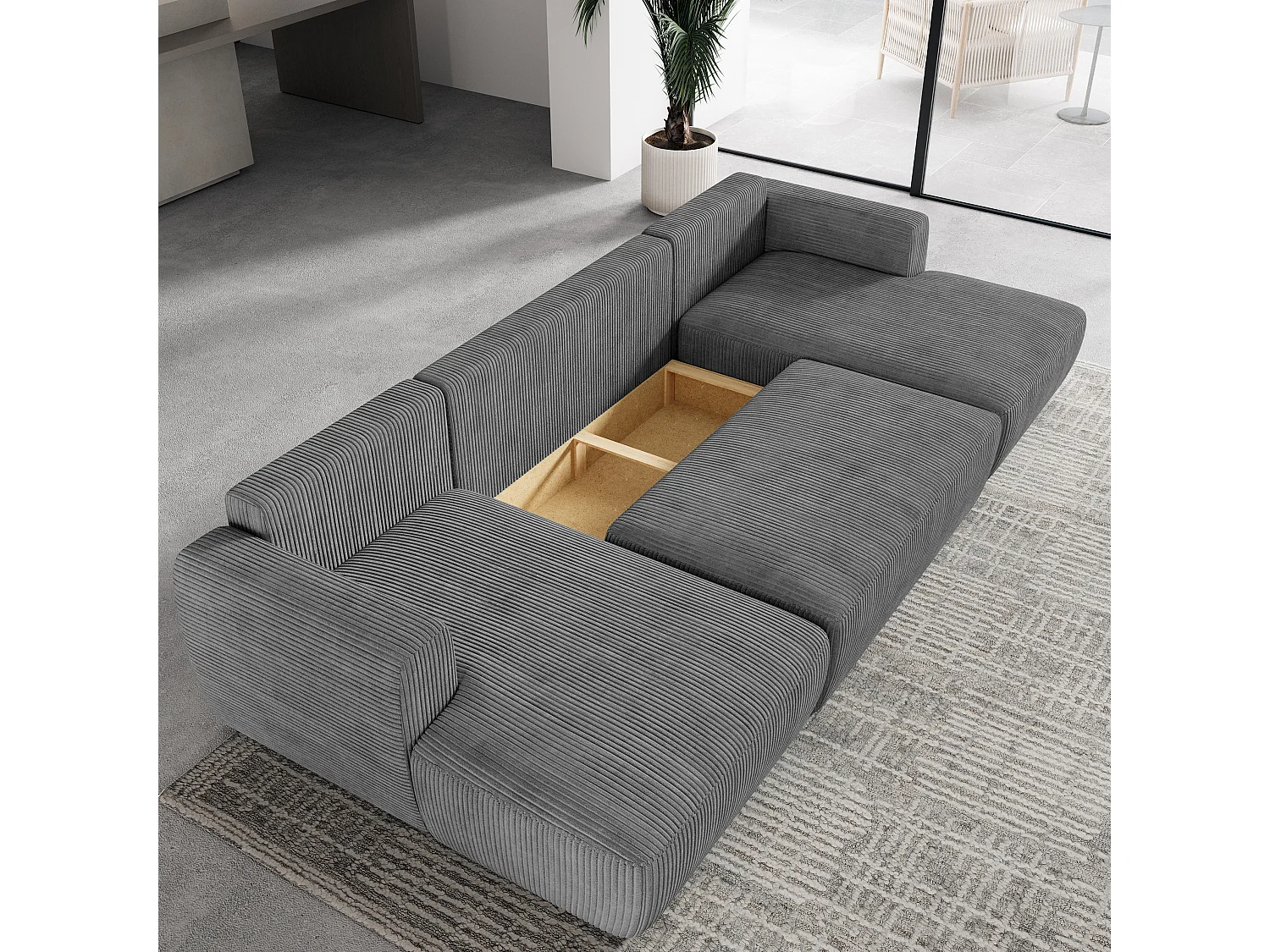 Canapé d'angle SENTUM Gris en velours côtelé avec fonction de couchage