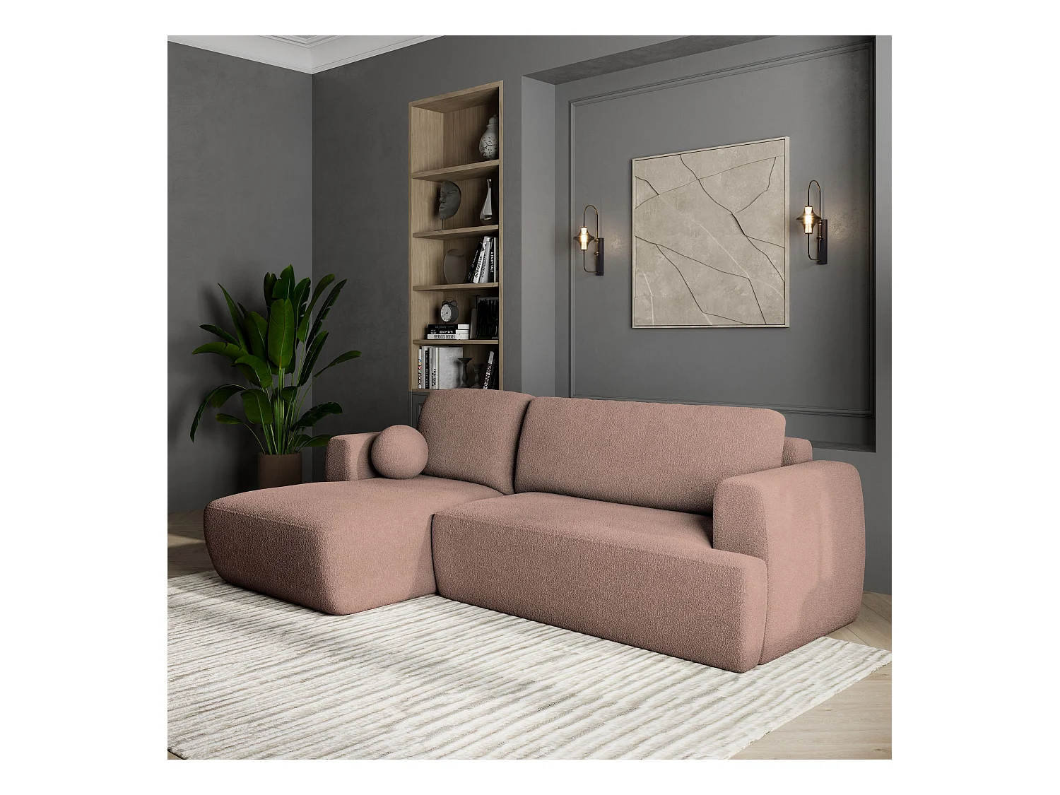 Canapé d'angle SENTI Rose poudré en bouclé avec fonction de couchage