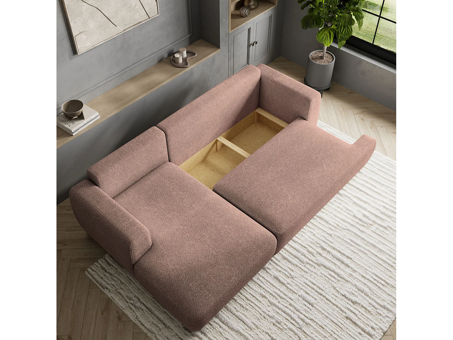 Canapé d'angle SENTI Rose poudré en bouclé avec fonction de couchage