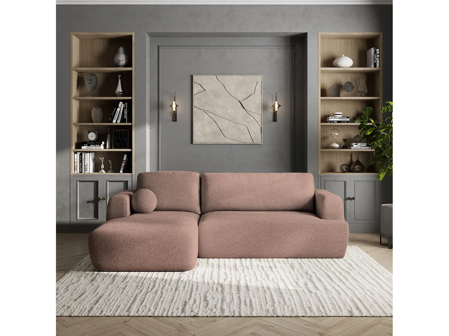 Canapé d'angle SENTI Rose poudré en bouclé avec fonction de couchage
