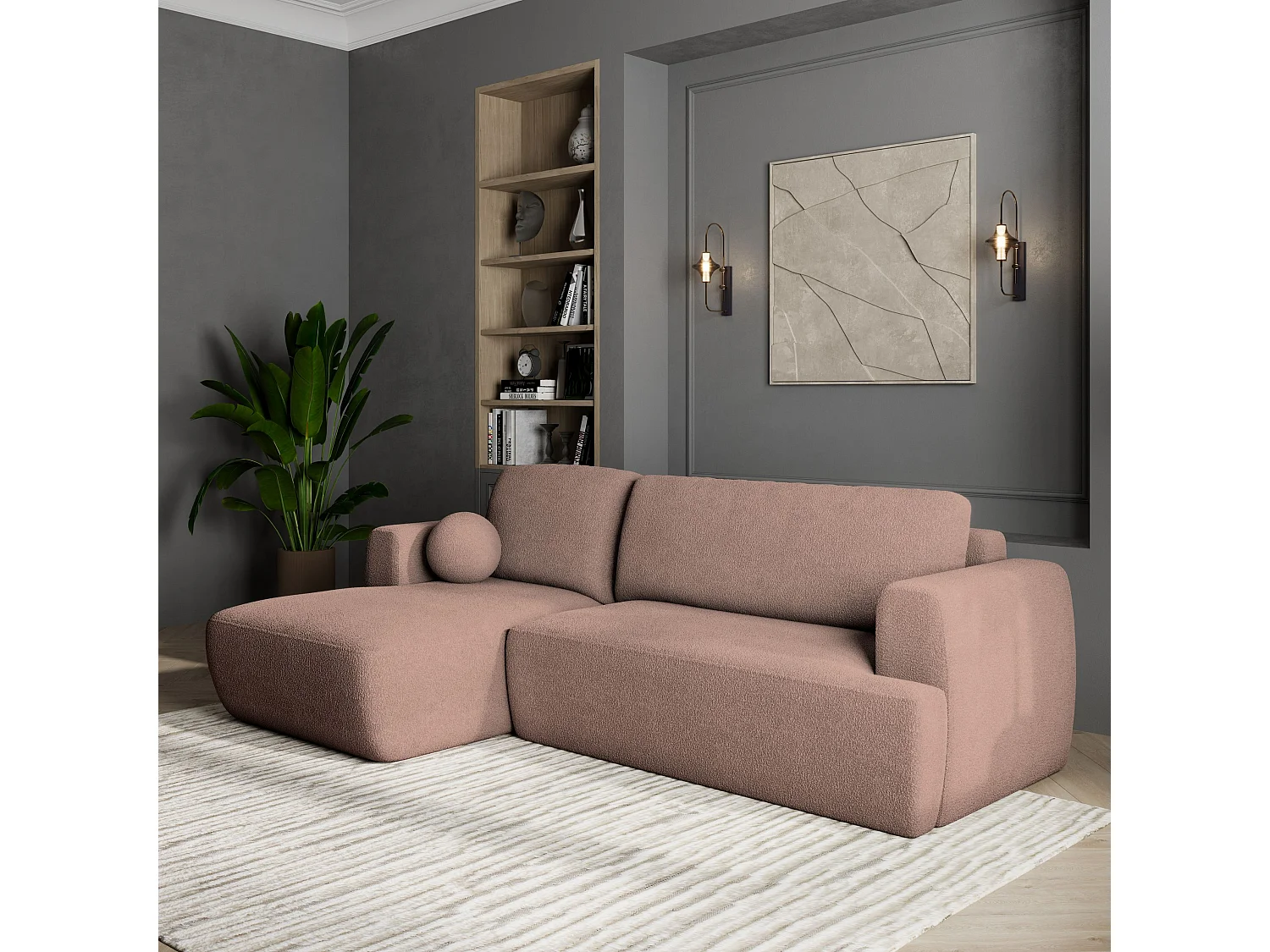 Canapé d'angle SENTI Rose poudré en bouclé avec fonction de couchage