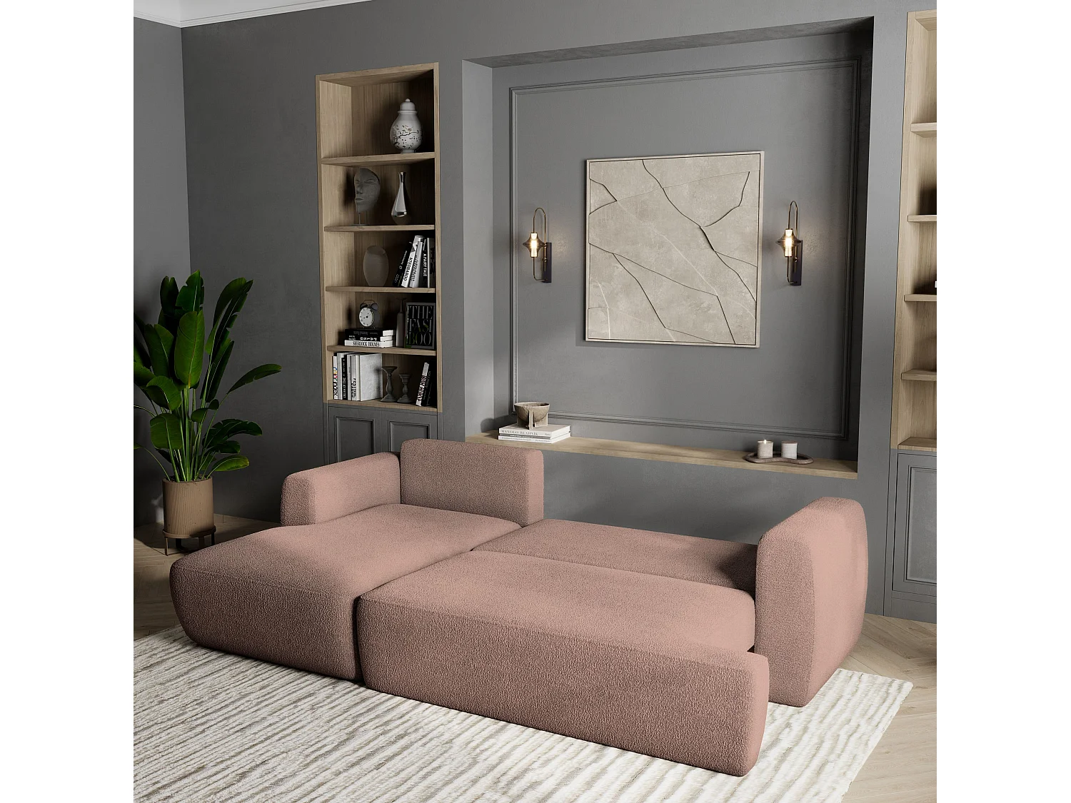 Canapé d'angle SENTI Rose poudré en bouclé avec fonction de couchage