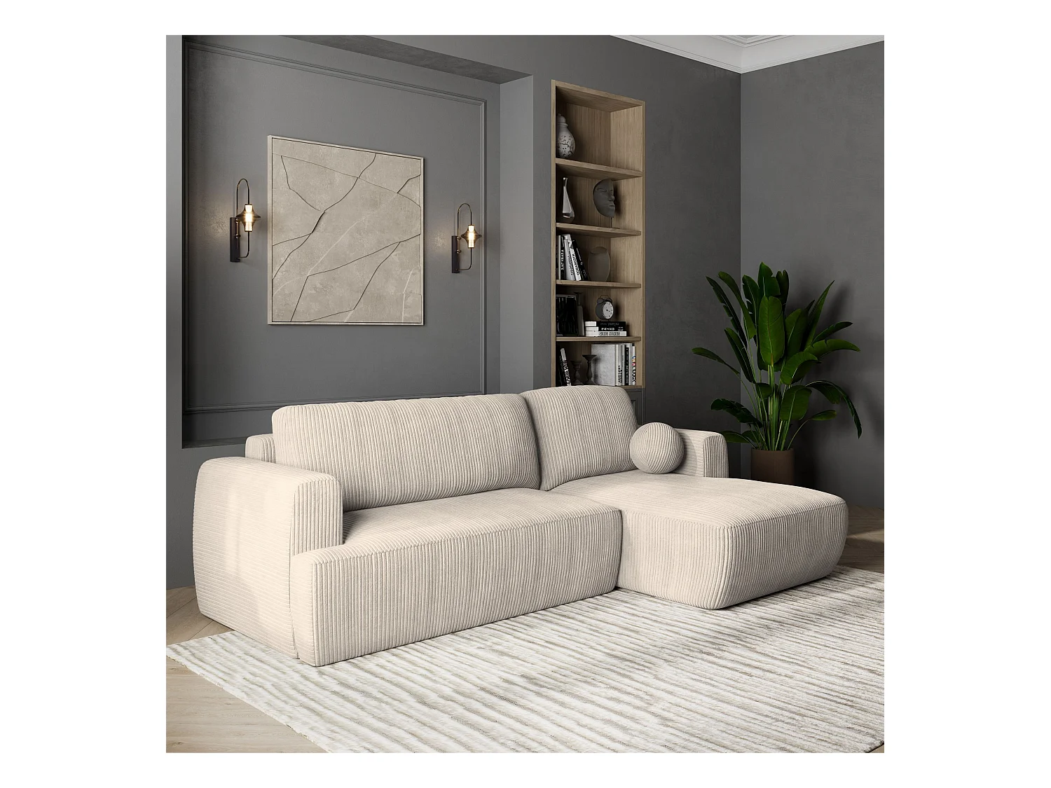 Canapé d'angle SENTI Crème en velours côtelé avec fonction de couchage