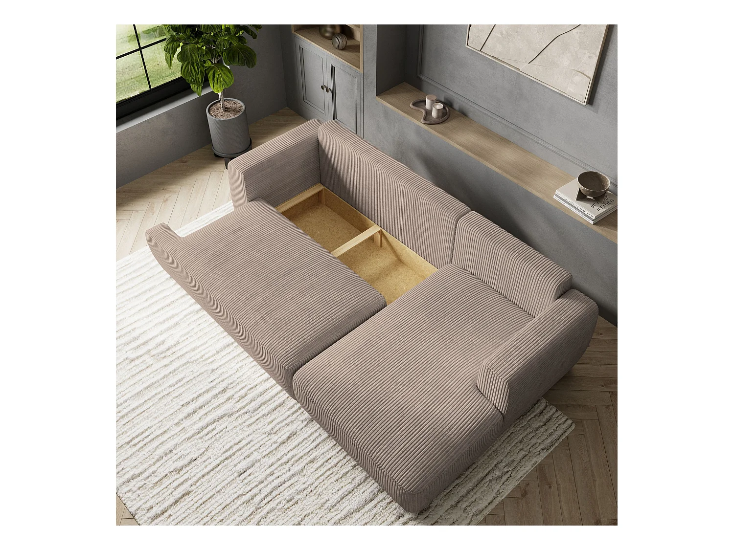 Canapé d'angle SENTI Crème en velours côtelé avec fonction de couchage