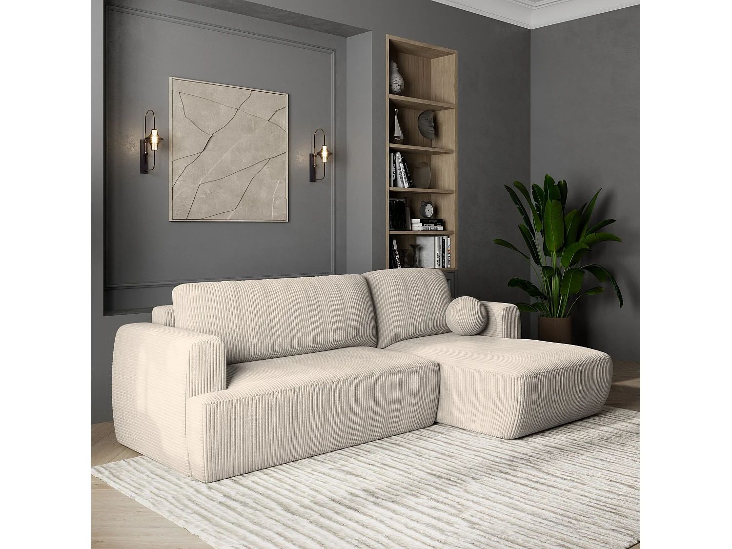 Canapé d'angle SENTI Crème en velours côtelé avec fonction de couchage