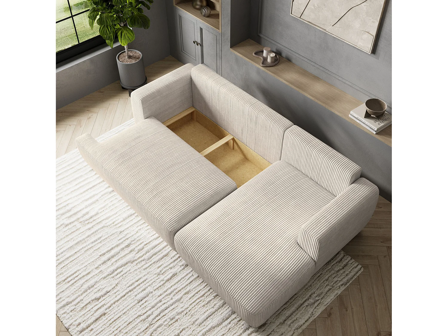 Canapé d'angle SENTI Crème en velours côtelé avec fonction de couchage