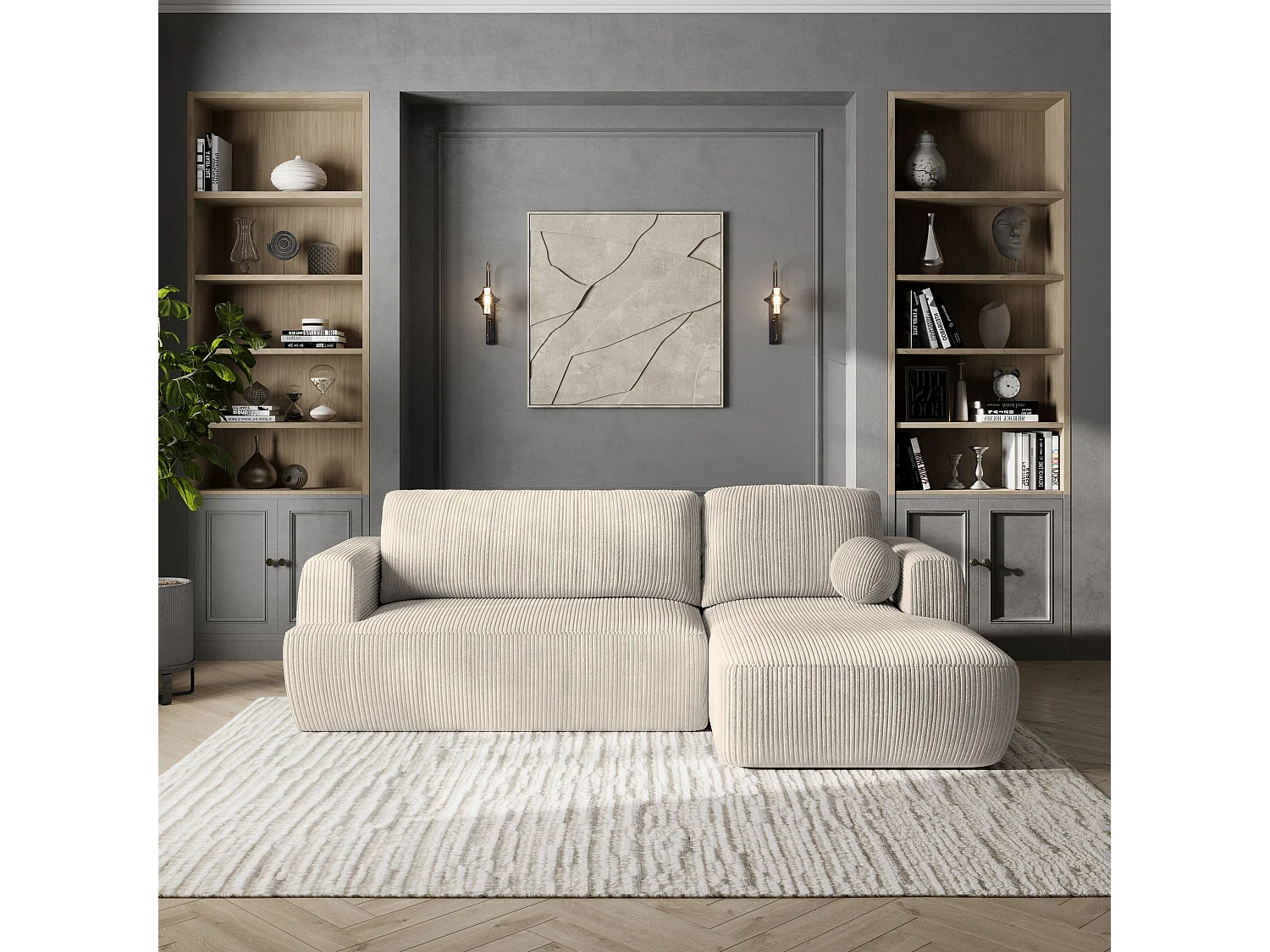 Canapé d'angle SENTI Crème en velours côtelé avec fonction de couchage