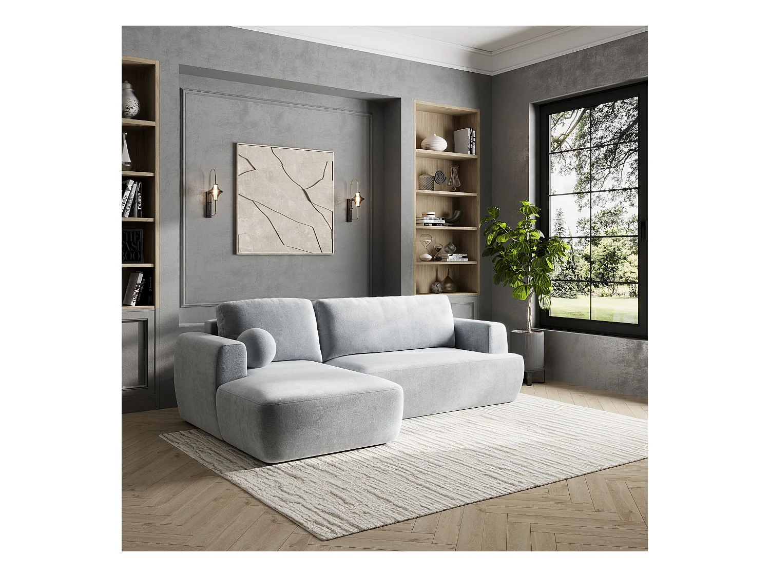 Canapé d'angle SENTI Gris clair en peluche avec fonction de couchage