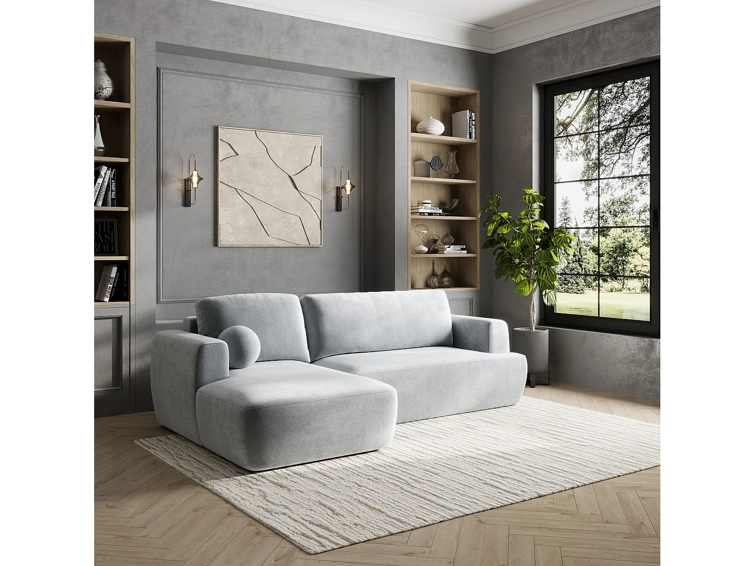 Canapé d'angle SENTI Gris clair en peluche avec fonction de couchage
