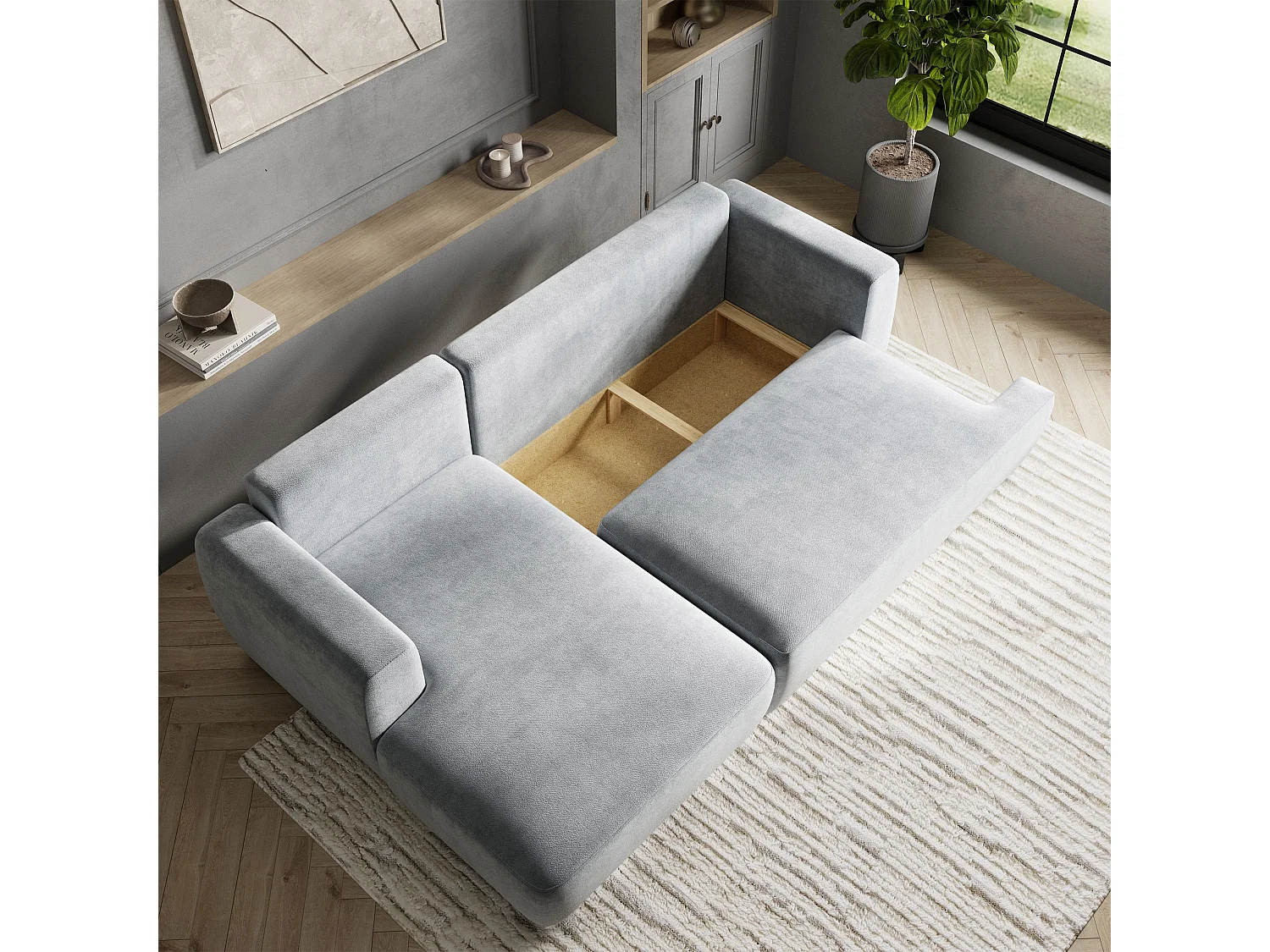 Canapé d'angle SENTI Gris clair en peluche avec fonction de couchage