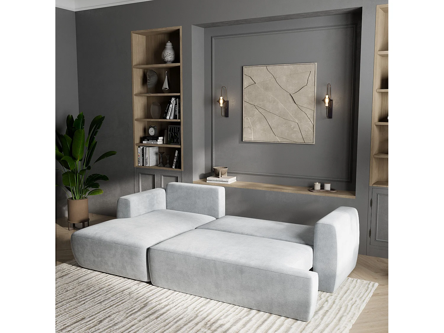 Canapé d'angle SENTI Gris clair en peluche avec fonction de couchage