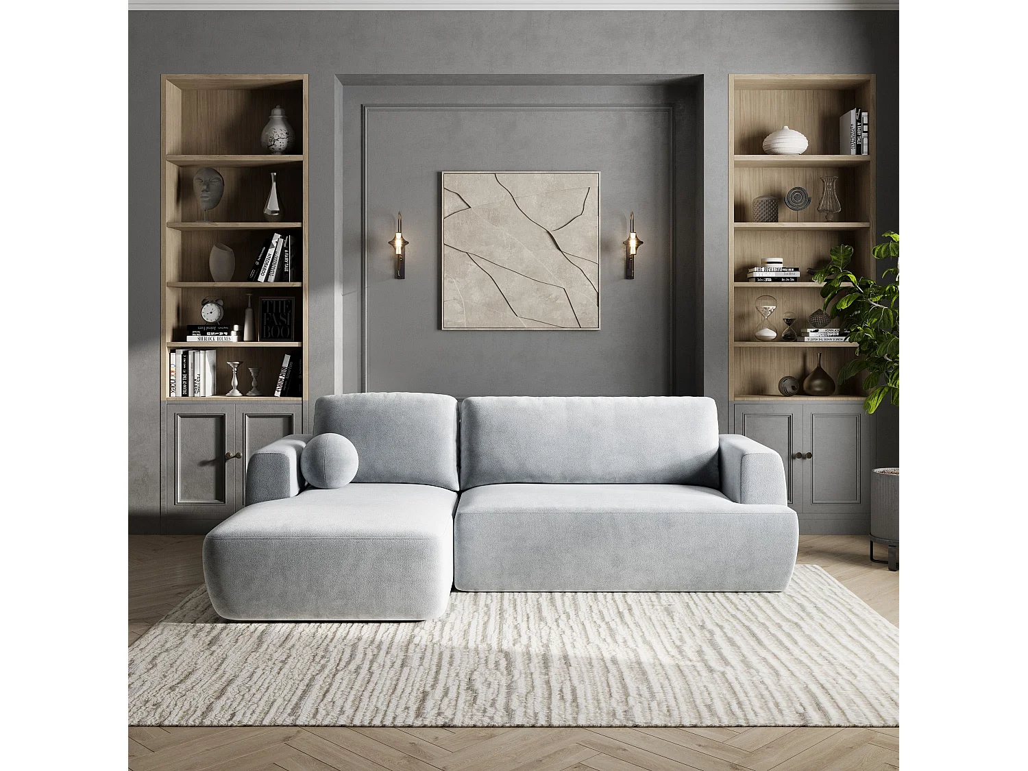 Canapé d'angle SENTI Gris clair en peluche avec fonction de couchage