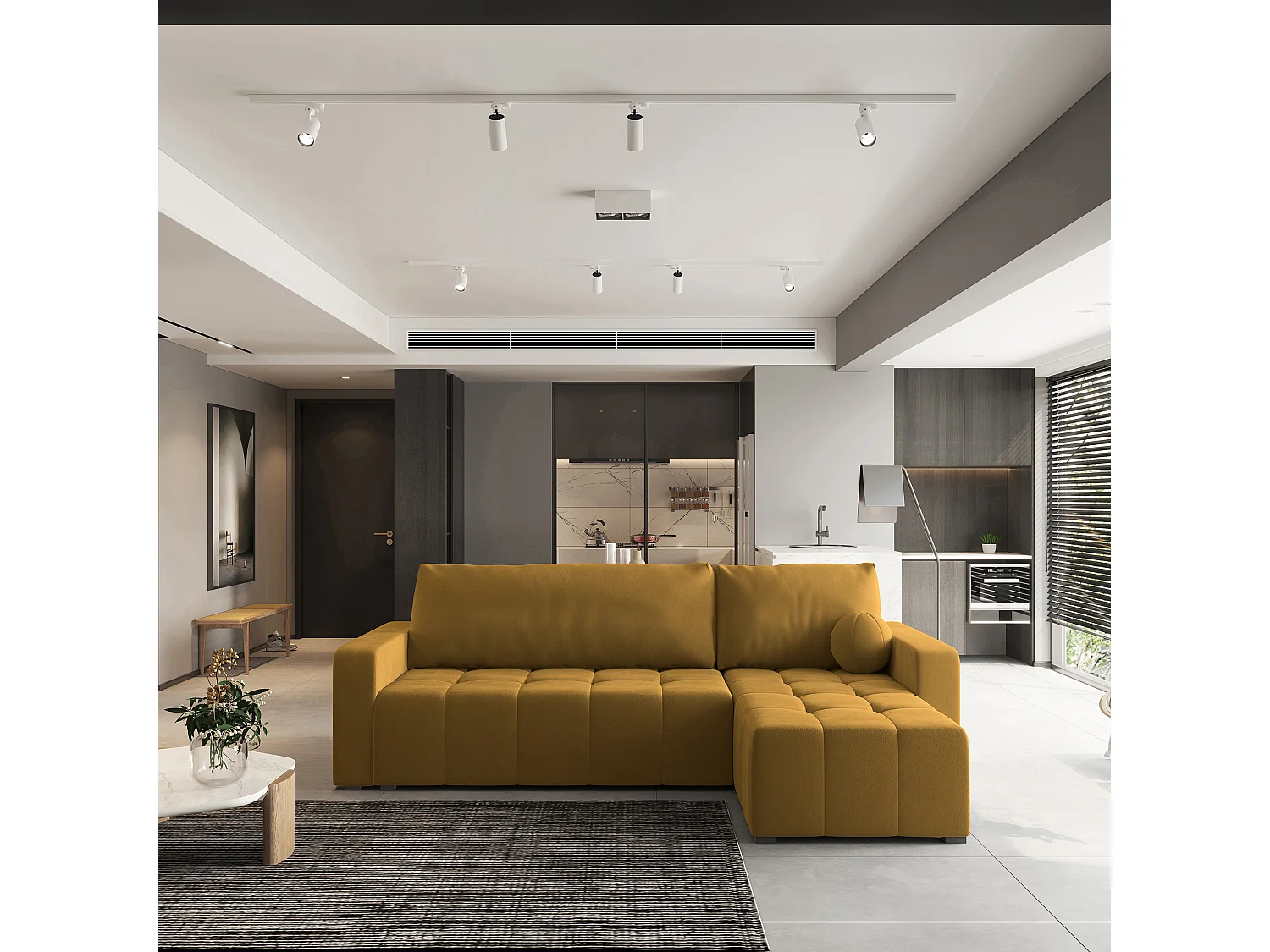 Canapé d'angle VOLIRA Jaune en peluche avec fonction de couchage