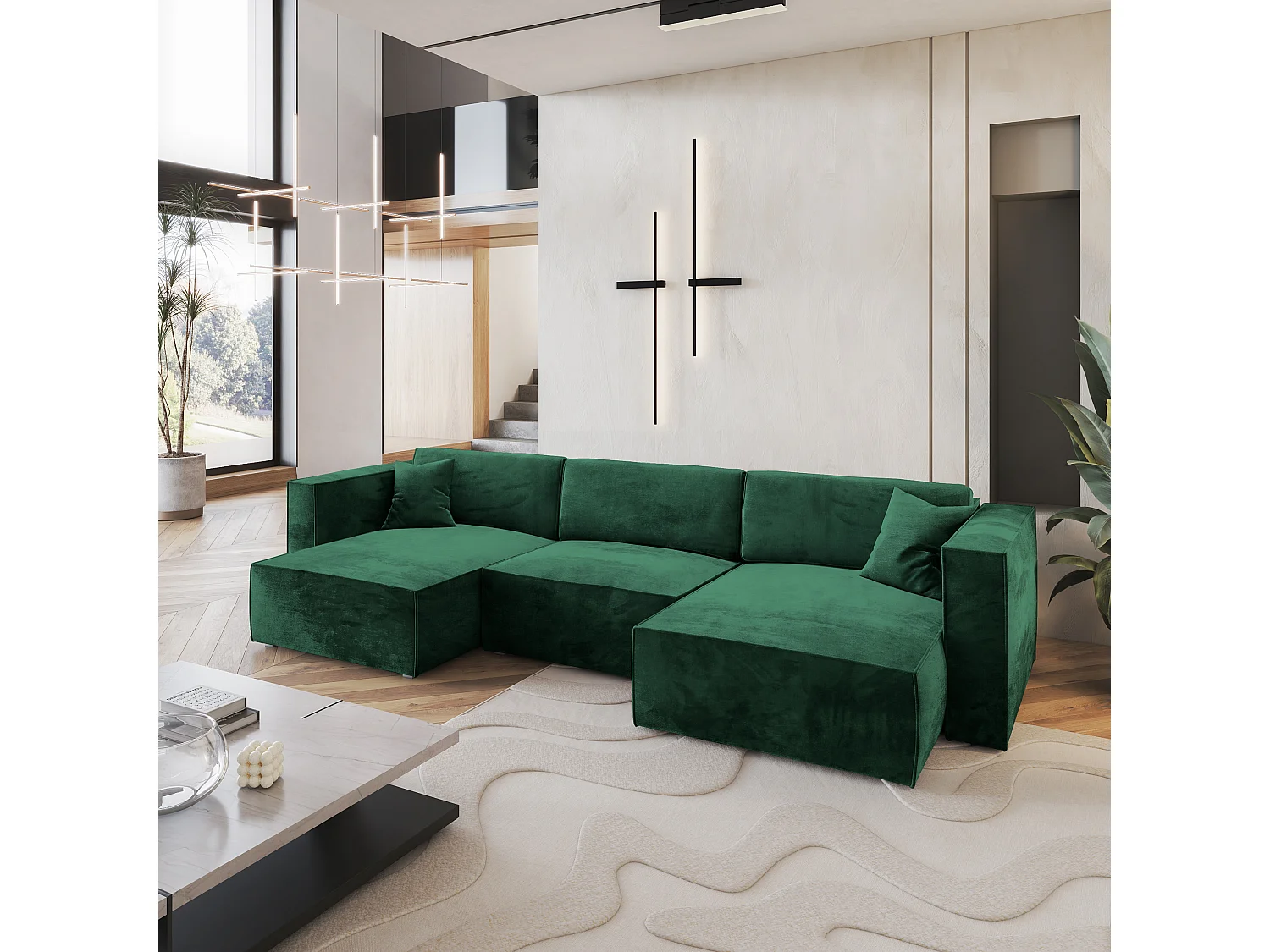 Canapé d'angle SARMO Vert Sapin en velours avec fonction de couchage