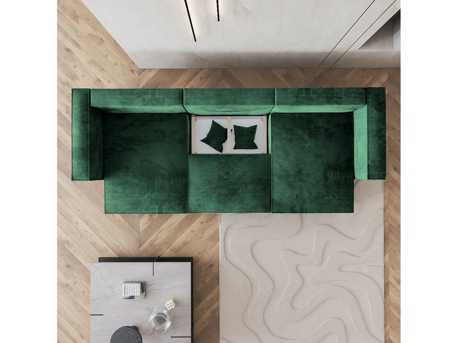 Canapé d'angle SARMO Vert Sapin en velours avec fonction de couchage