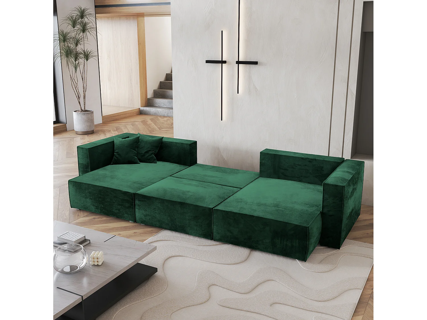 Canapé d'angle SARMO Vert Sapin en velours avec fonction de couchage