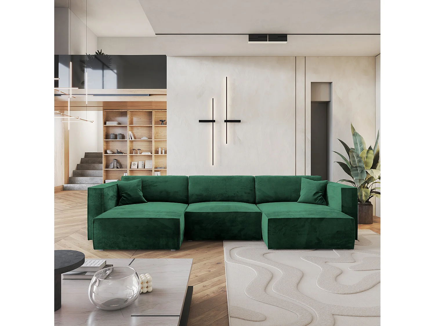 Canapé d'angle SARMO Vert Sapin en velours avec fonction de couchage