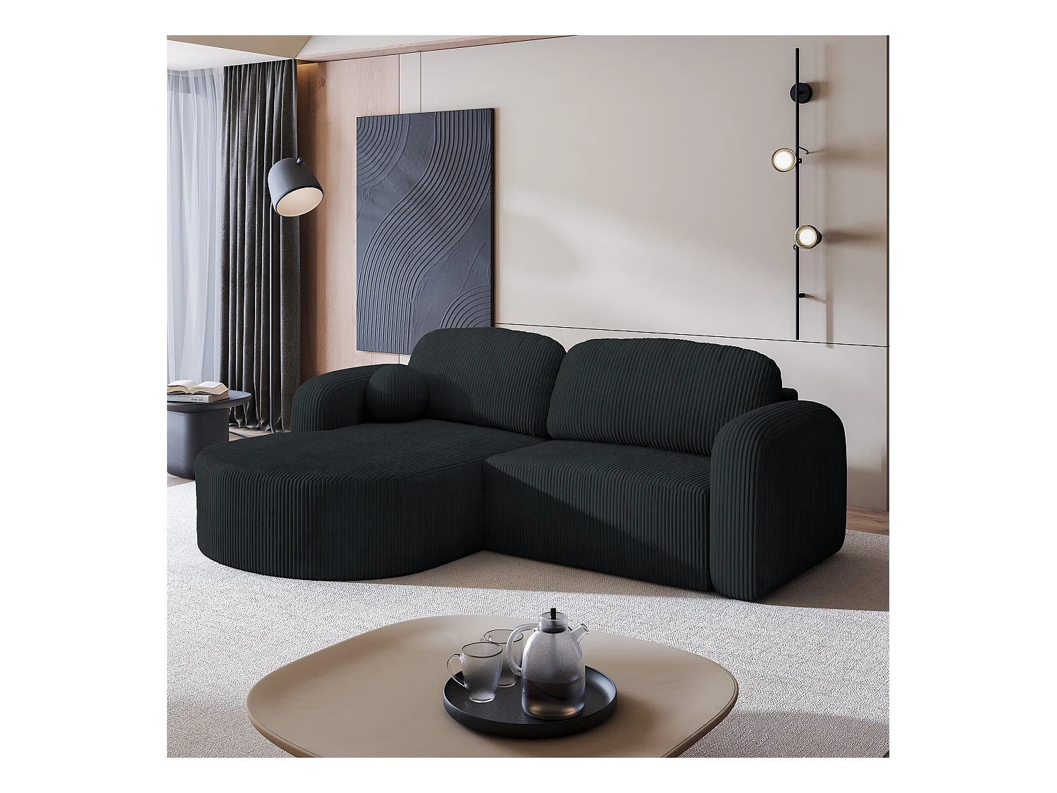 Canapé d'angle AMILIA Noir en velours côtelé avec fonction de couchage