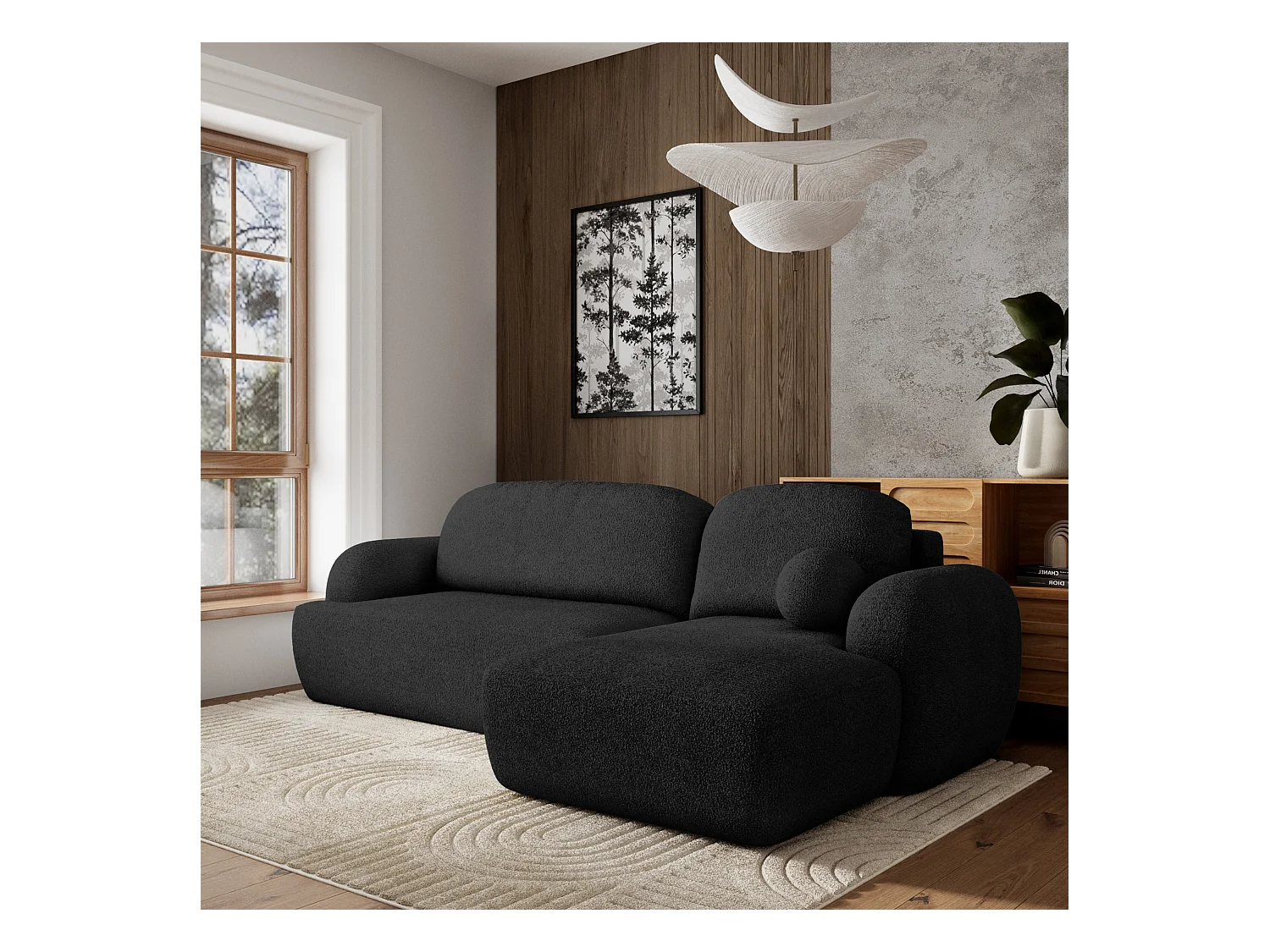 Canapé d'angle MODENZA Noir en bouclé avec fonction de couchage