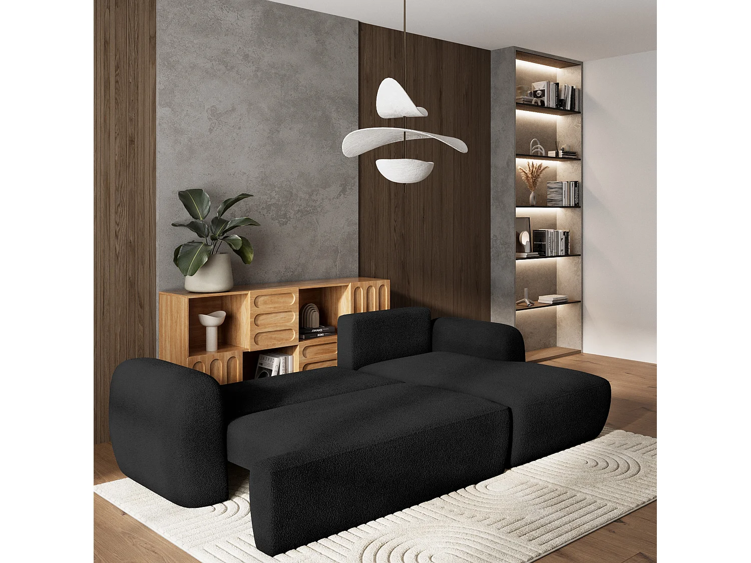 Canapé d'angle MODENZA Noir en bouclé avec fonction de couchage