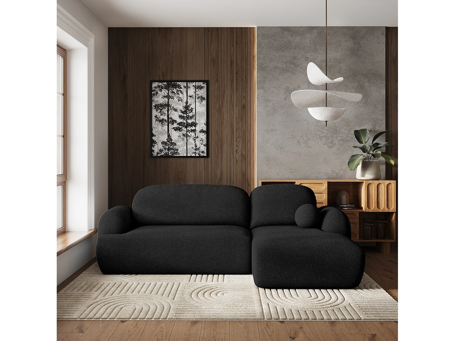 Canapé d'angle MODENZA Noir en bouclé avec fonction de couchage