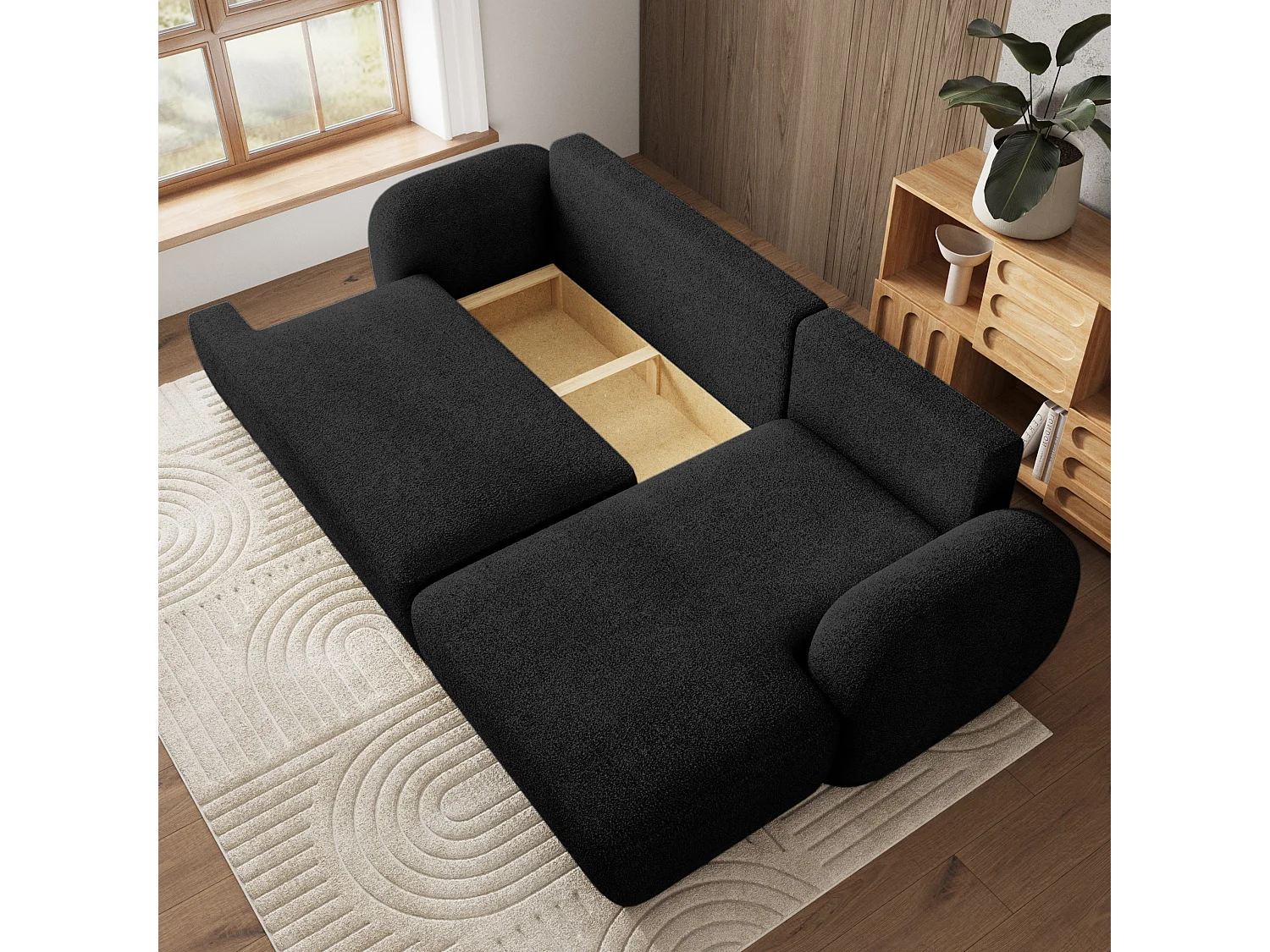 Canapé d'angle MODENZA Noir en bouclé avec fonction de couchage