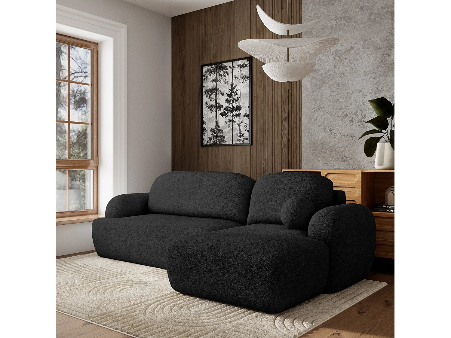 Canapé d'angle MODENZA Noir en bouclé avec fonction de couchage