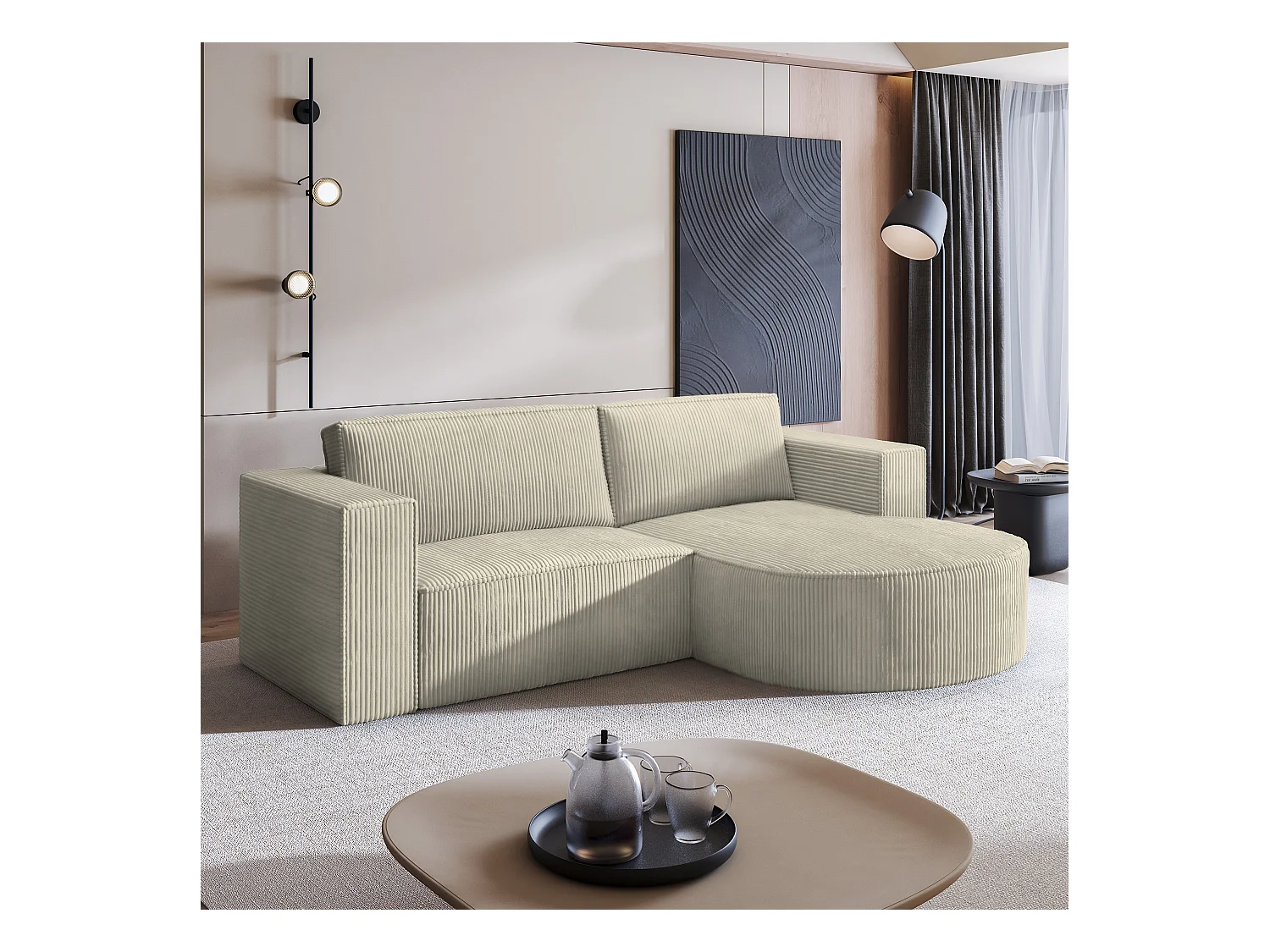 Canapé d'angle SORELA Crème en velours côtelé avec fonction de couchage