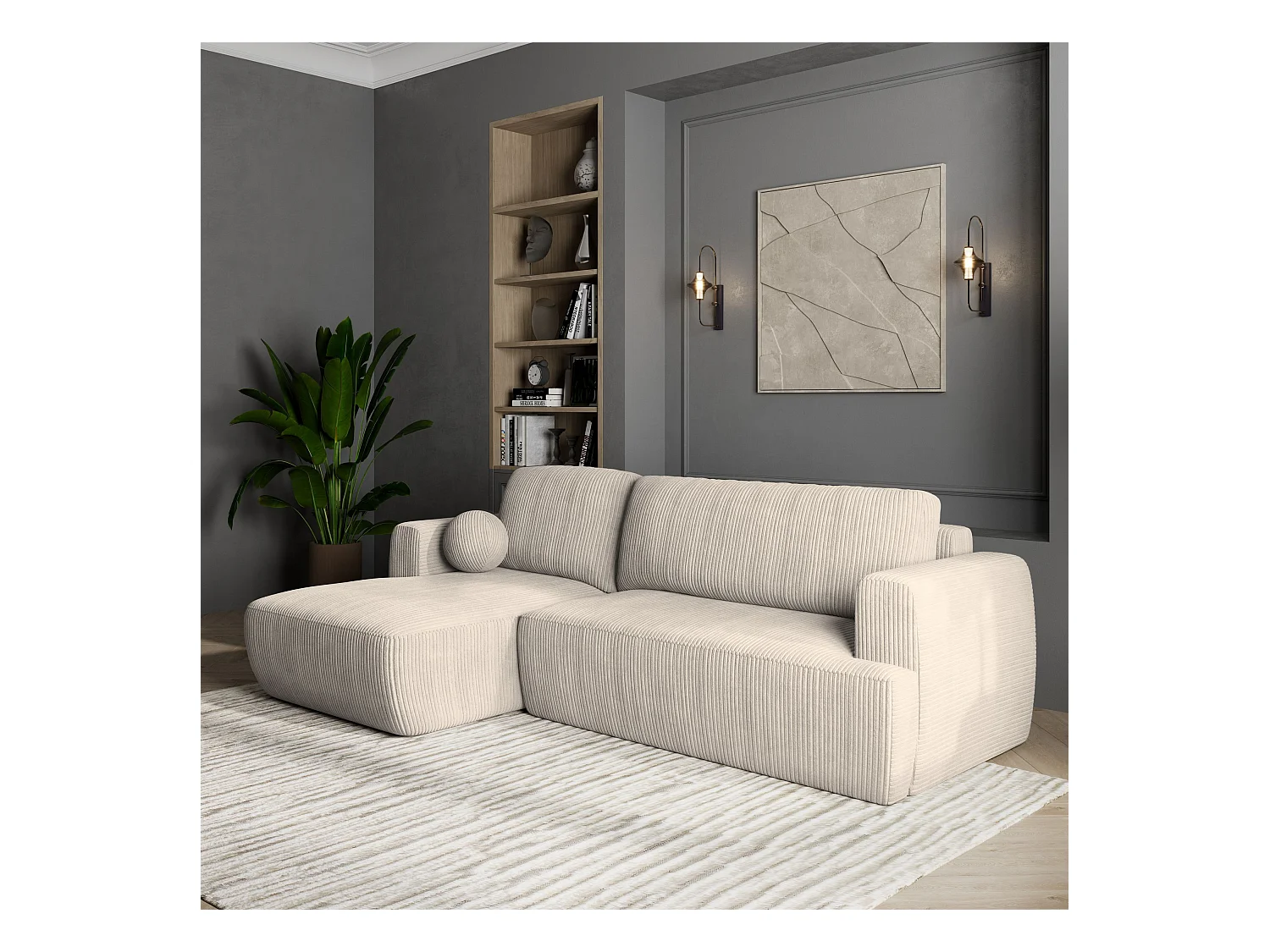 Canapé d'angle SENTI Crème en velours côtelé avec fonction de couchage