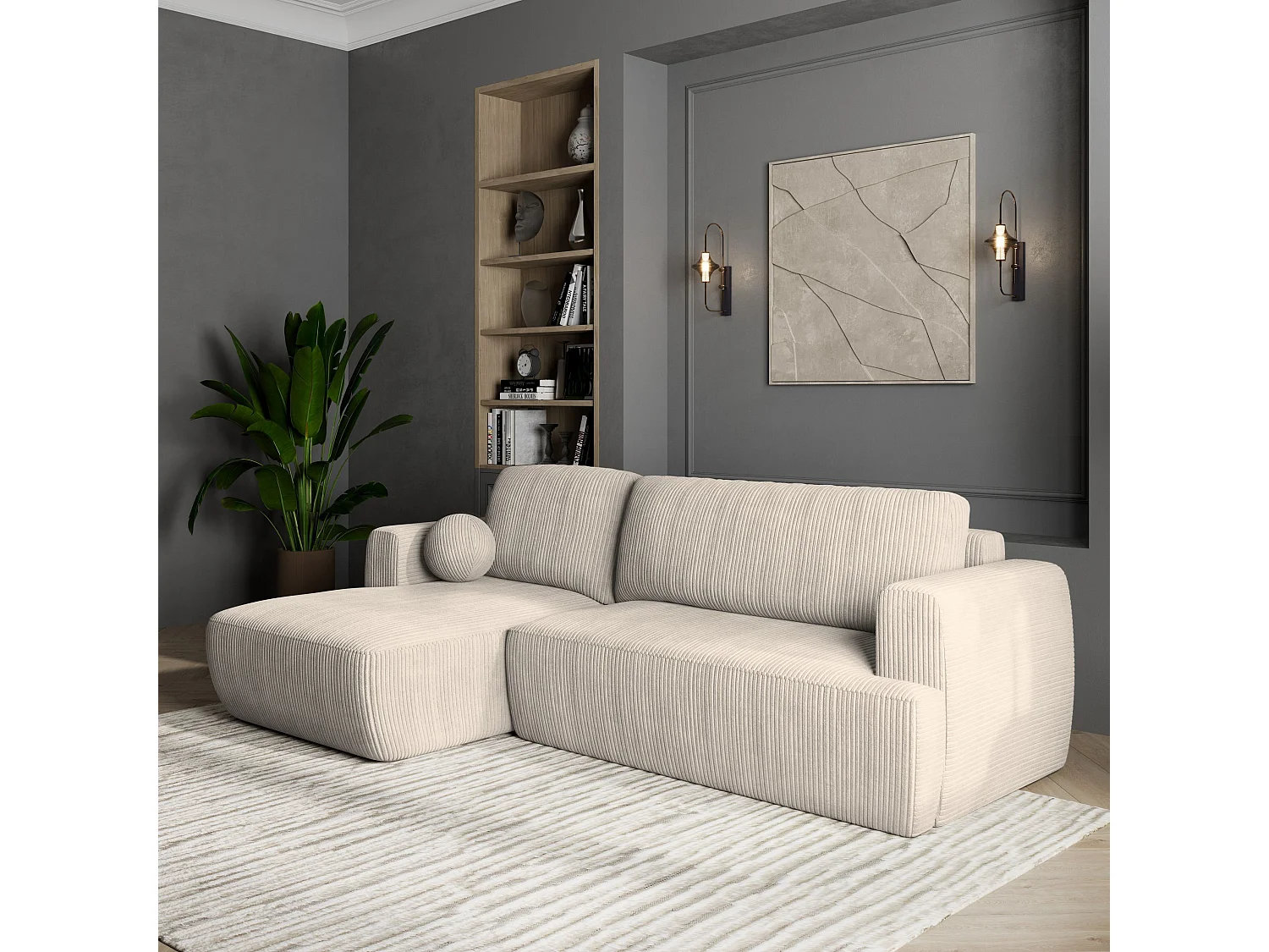 Canapé d'angle SENTI Crème en velours côtelé avec fonction de couchage