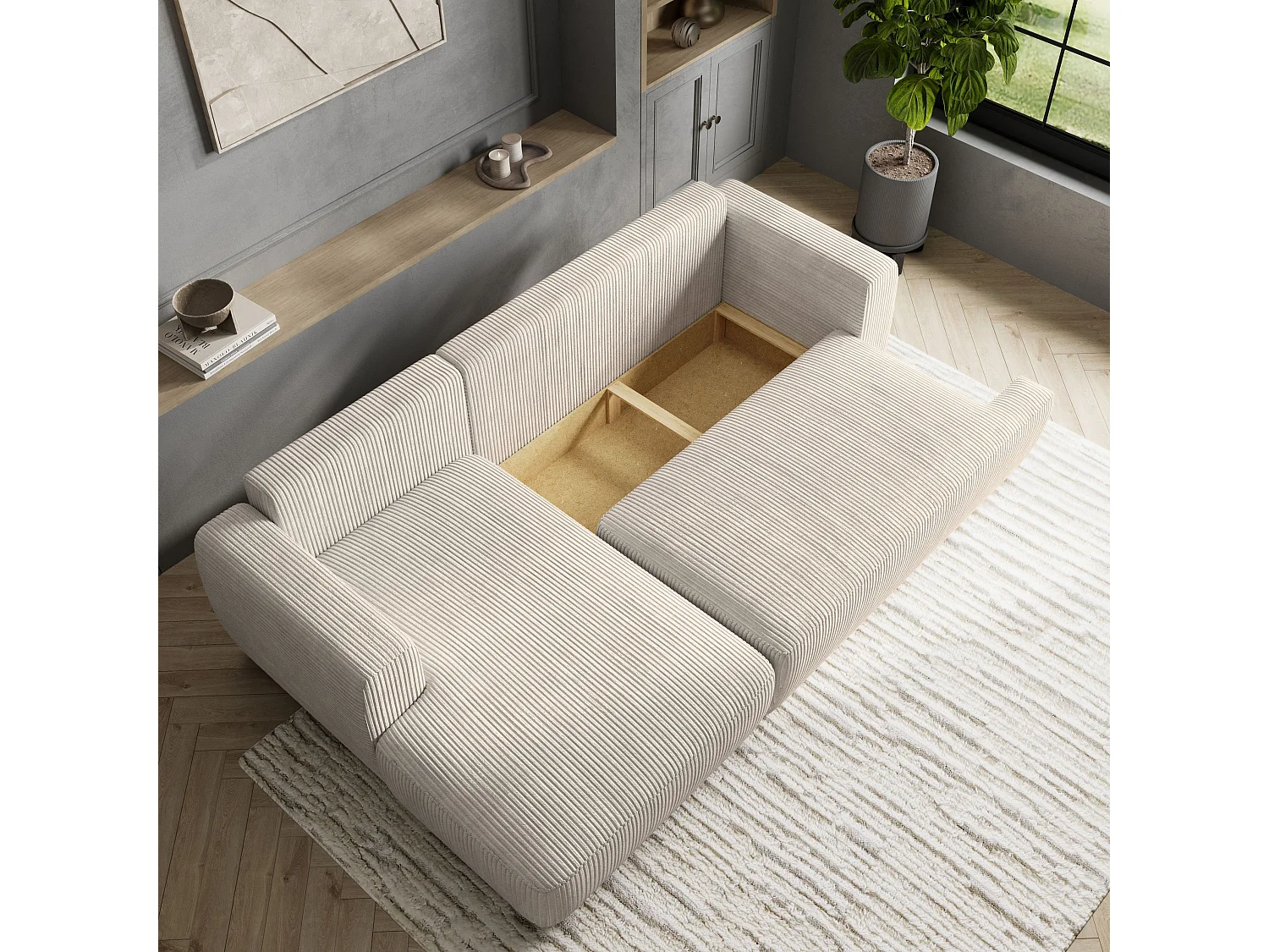 Canapé d'angle SENTI Crème en velours côtelé avec fonction de couchage