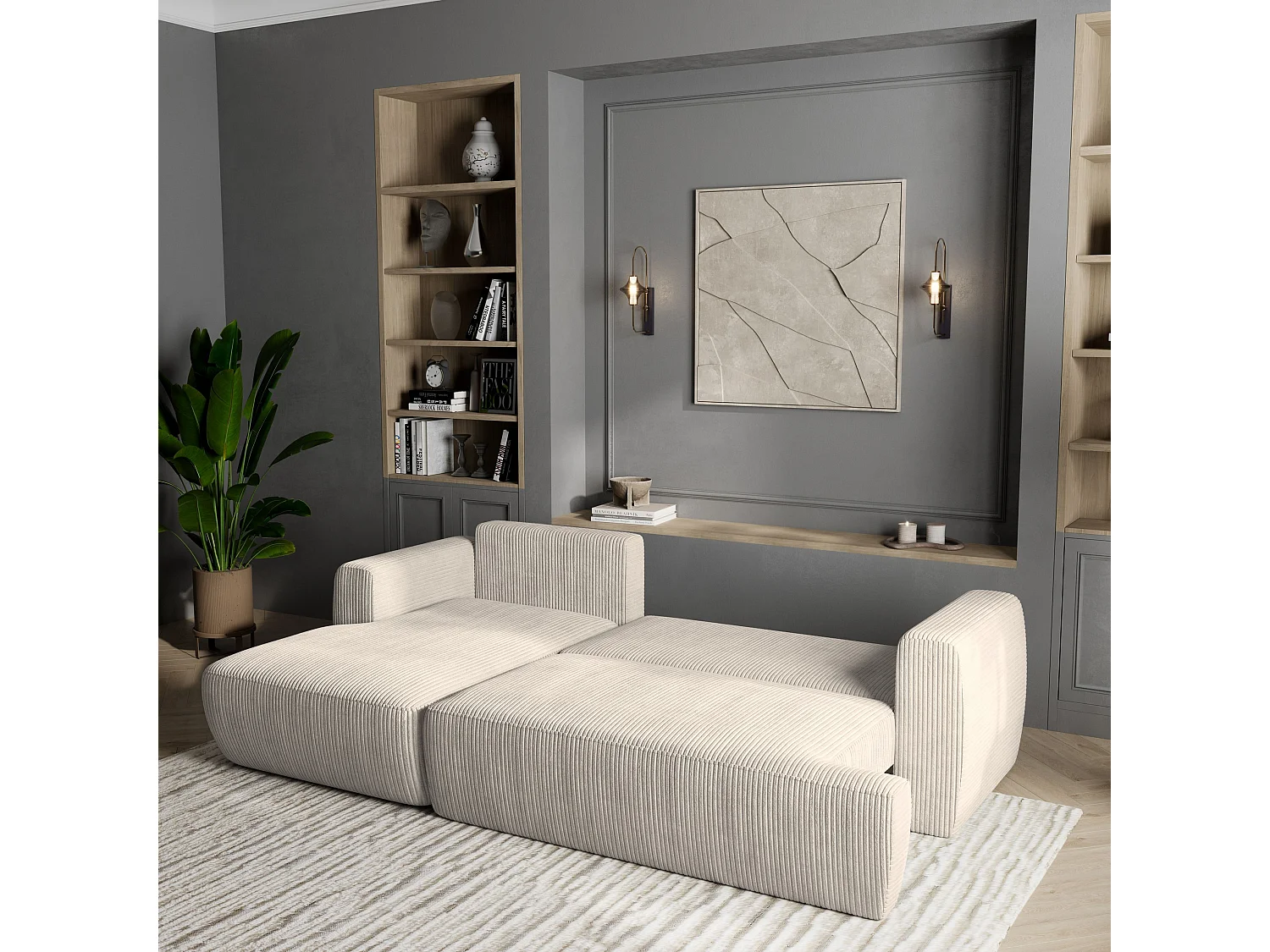 Canapé d'angle SENTI Crème en velours côtelé avec fonction de couchage