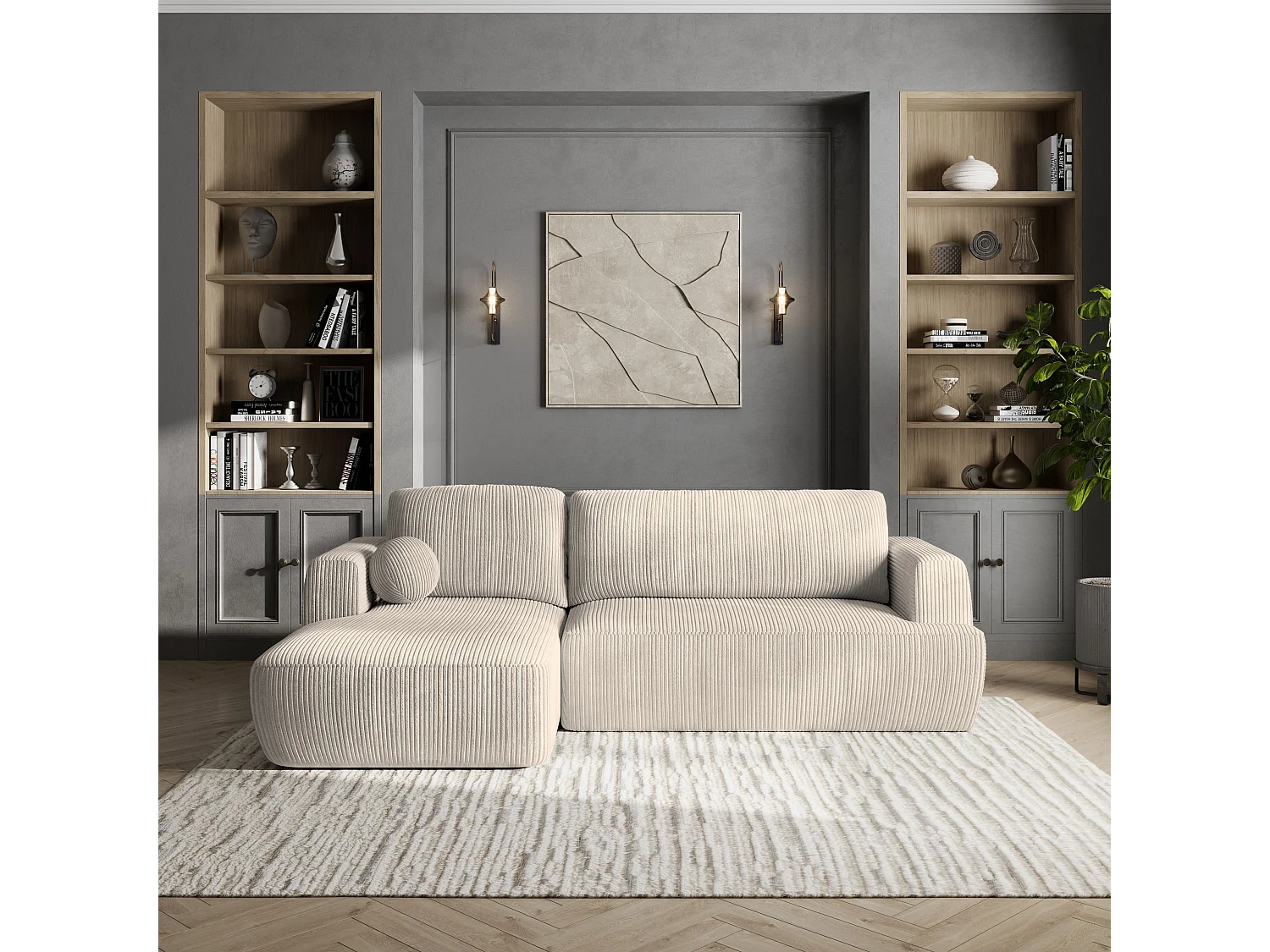Canapé d'angle SENTI Crème en velours côtelé avec fonction de couchage