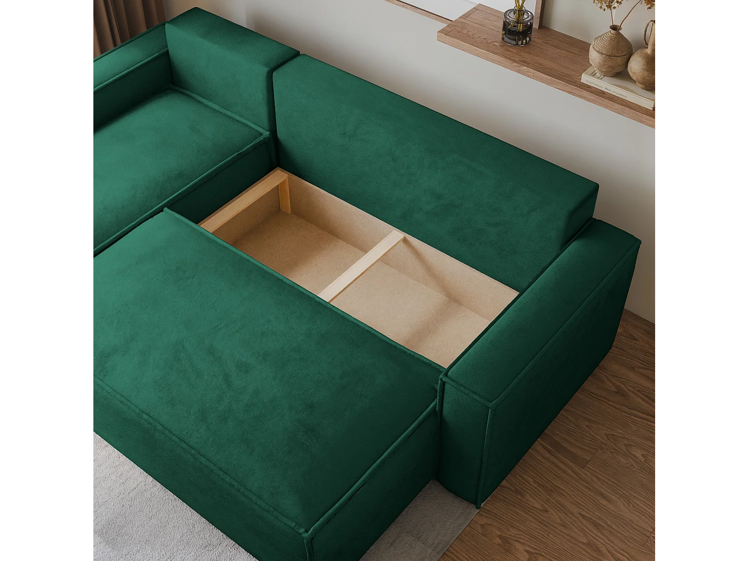 Canapé d'angle RAVELO Vert Sapin en velours avec fonction de couchage