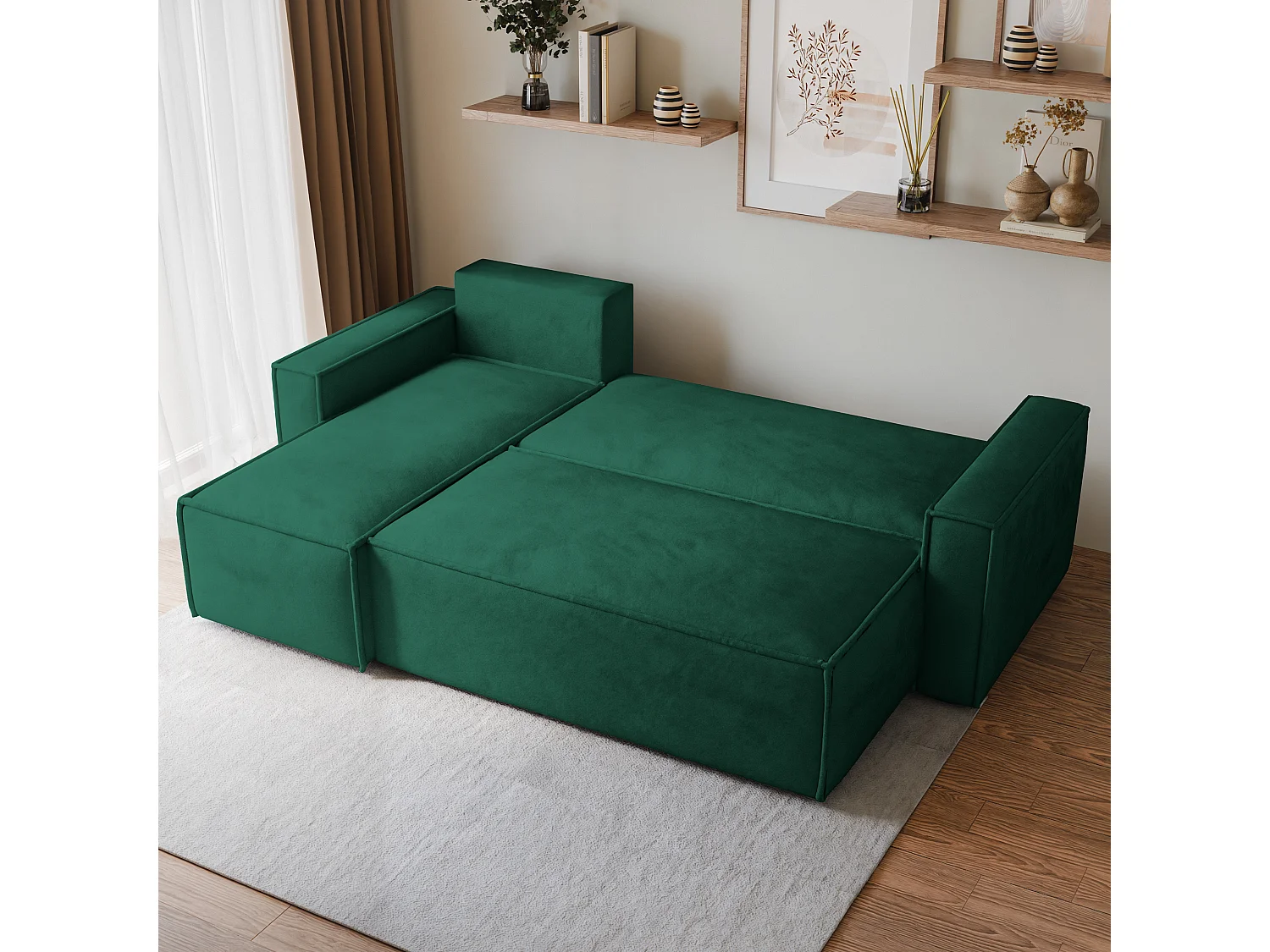 Canapé d'angle RAVELO Vert Sapin en velours avec fonction de couchage