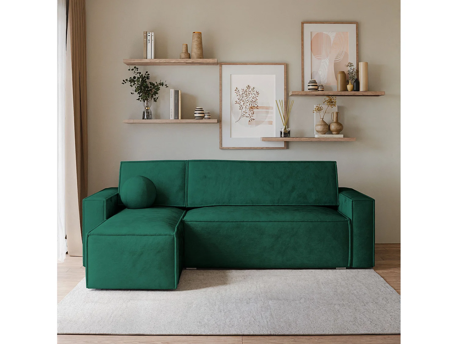 Canapé d'angle RAVELO Vert Sapin en velours avec fonction de couchage