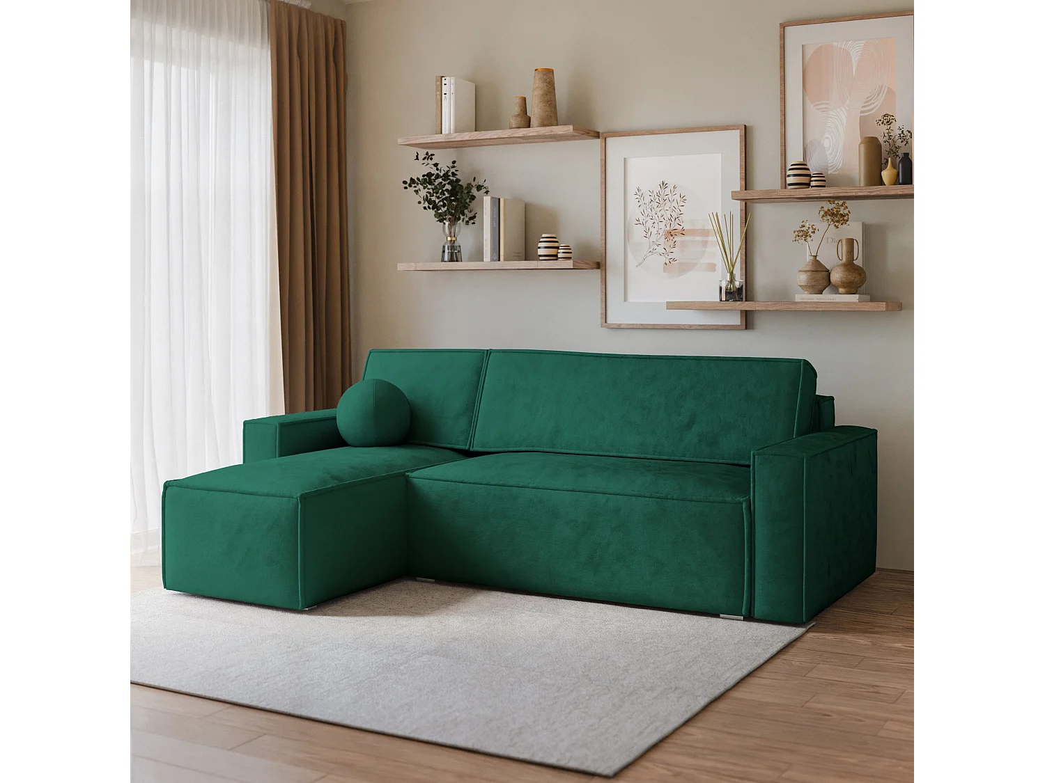 Canapé d'angle RAVELO Vert Sapin en velours avec fonction de couchage