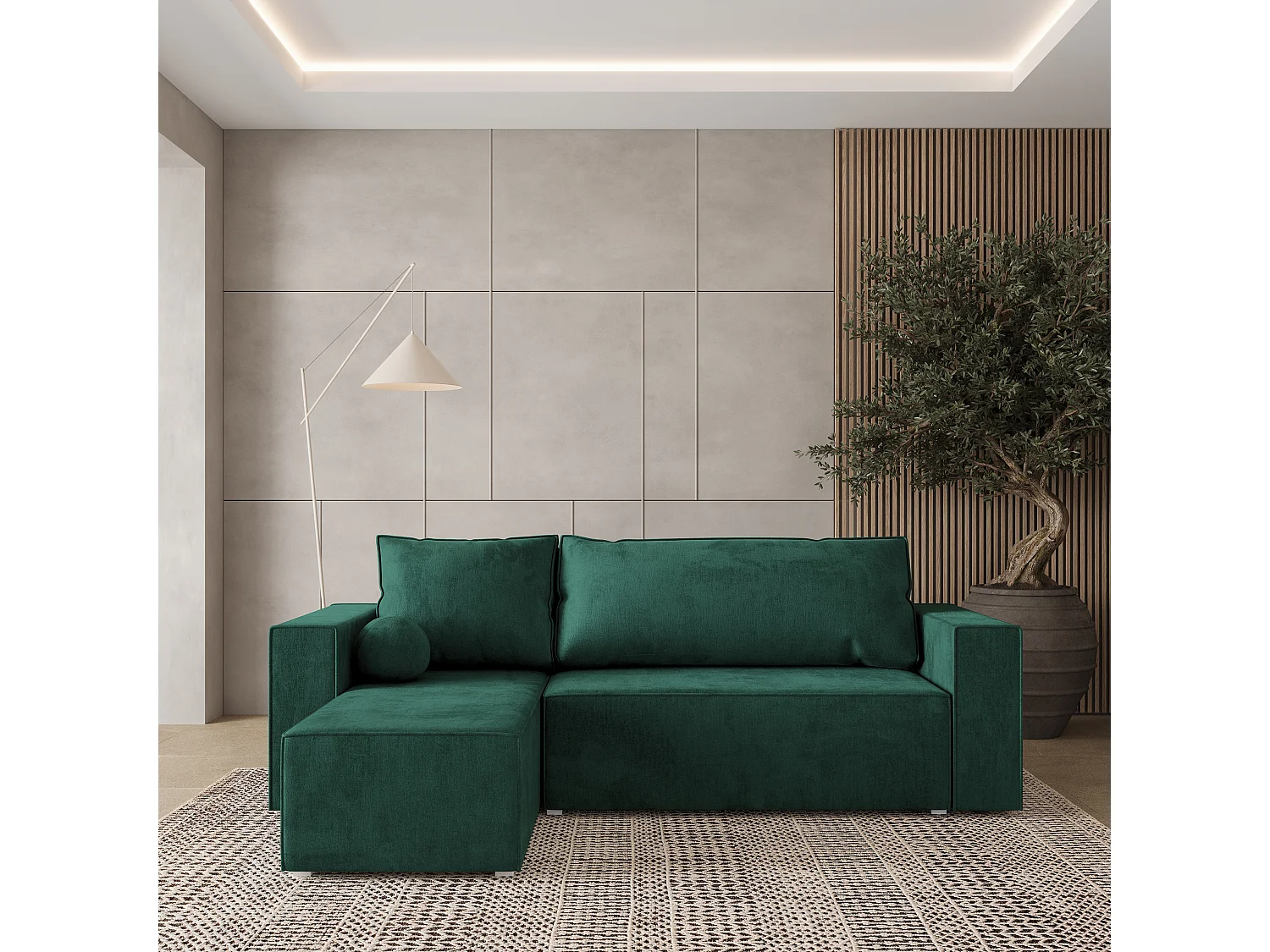 Canapé d'angle RAVELO Vert Sapin en velours avec fonction de couchage