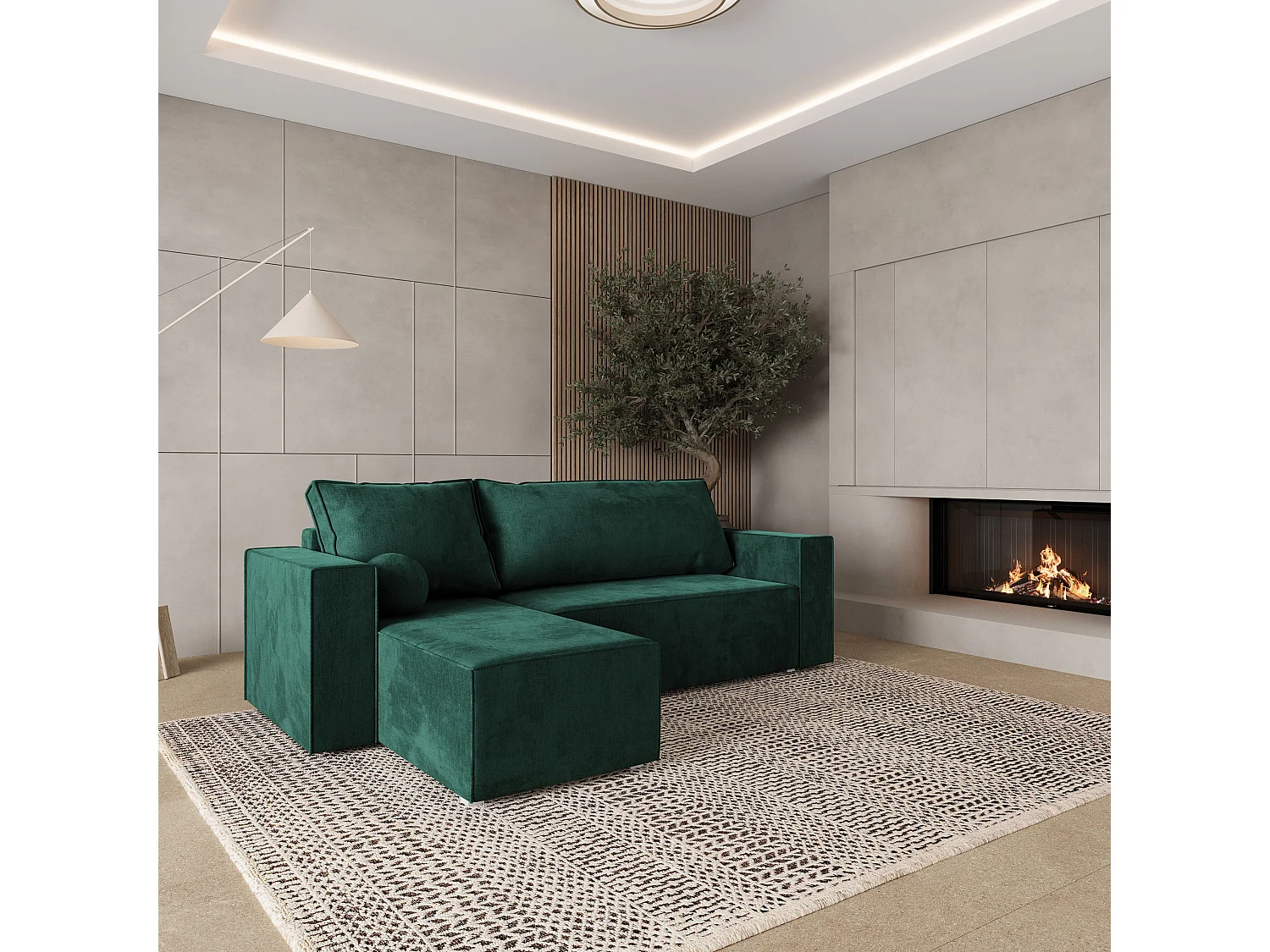 Canapé d'angle RAVELO Vert Sapin en velours avec fonction de couchage